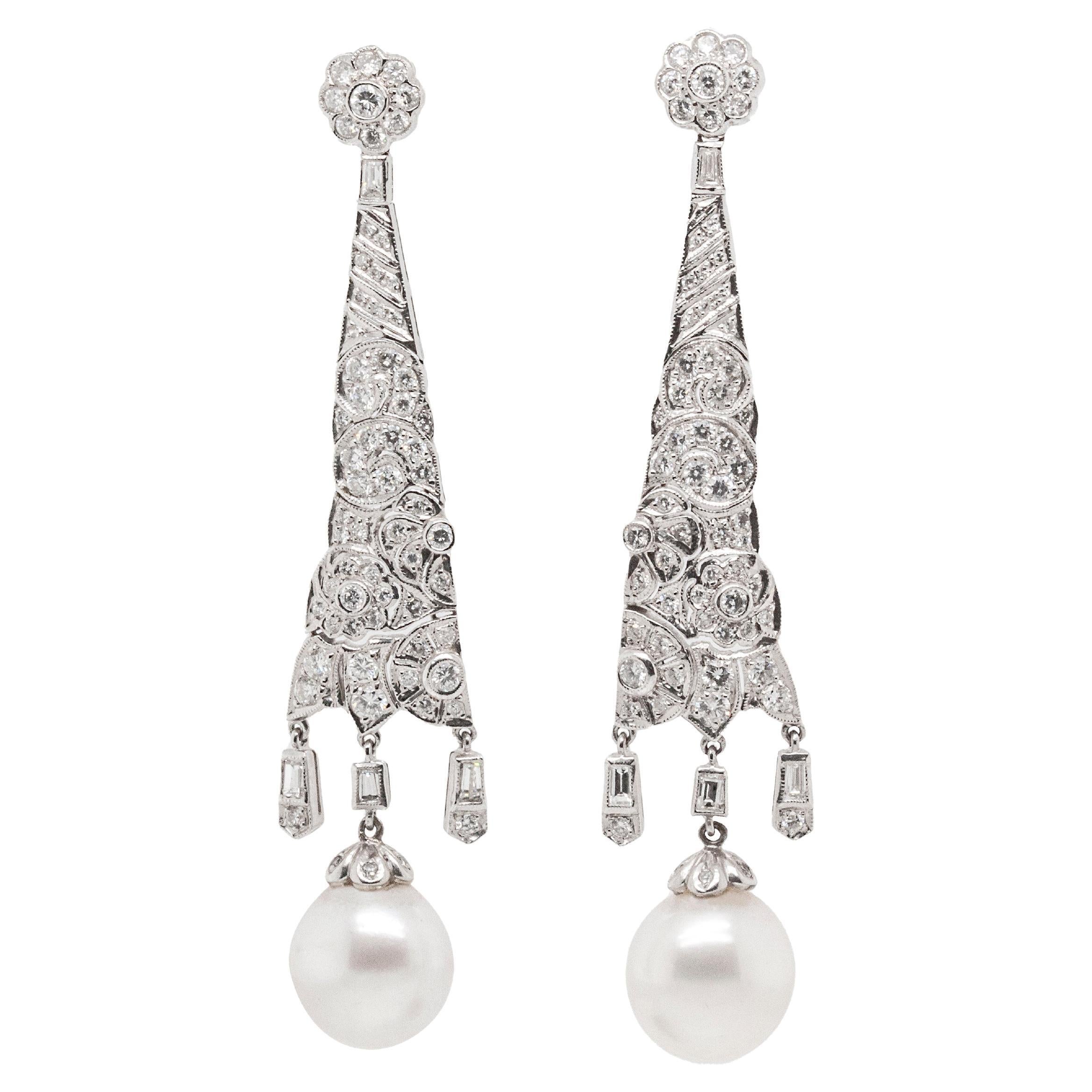 18ct White Gold, Diamond and Pearl Drop Earrings For Sale