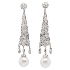 Retro 18ct White Gold, Diamond and Pearl Drop Earrings