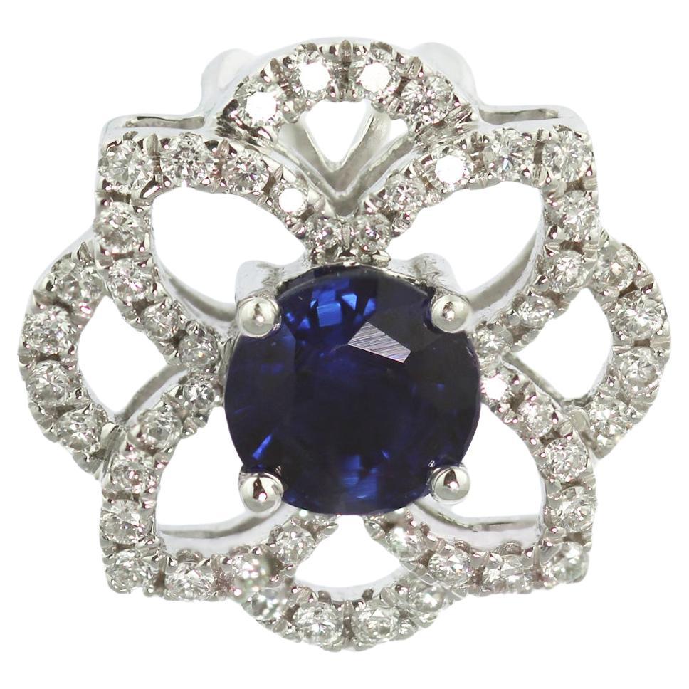 18ct White Gold, Diamond & Blue Sapphire Quatrefoil Contemporary Pendant For Sale