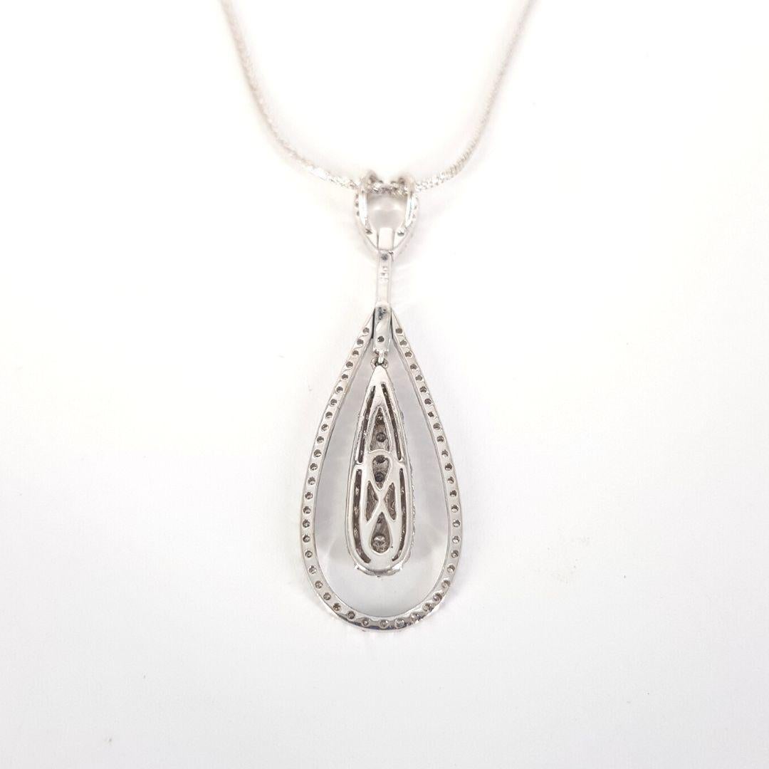 Round Cut 18 Carat White Gold Diamond Drop Pendant and Box Link Necklace For Sale