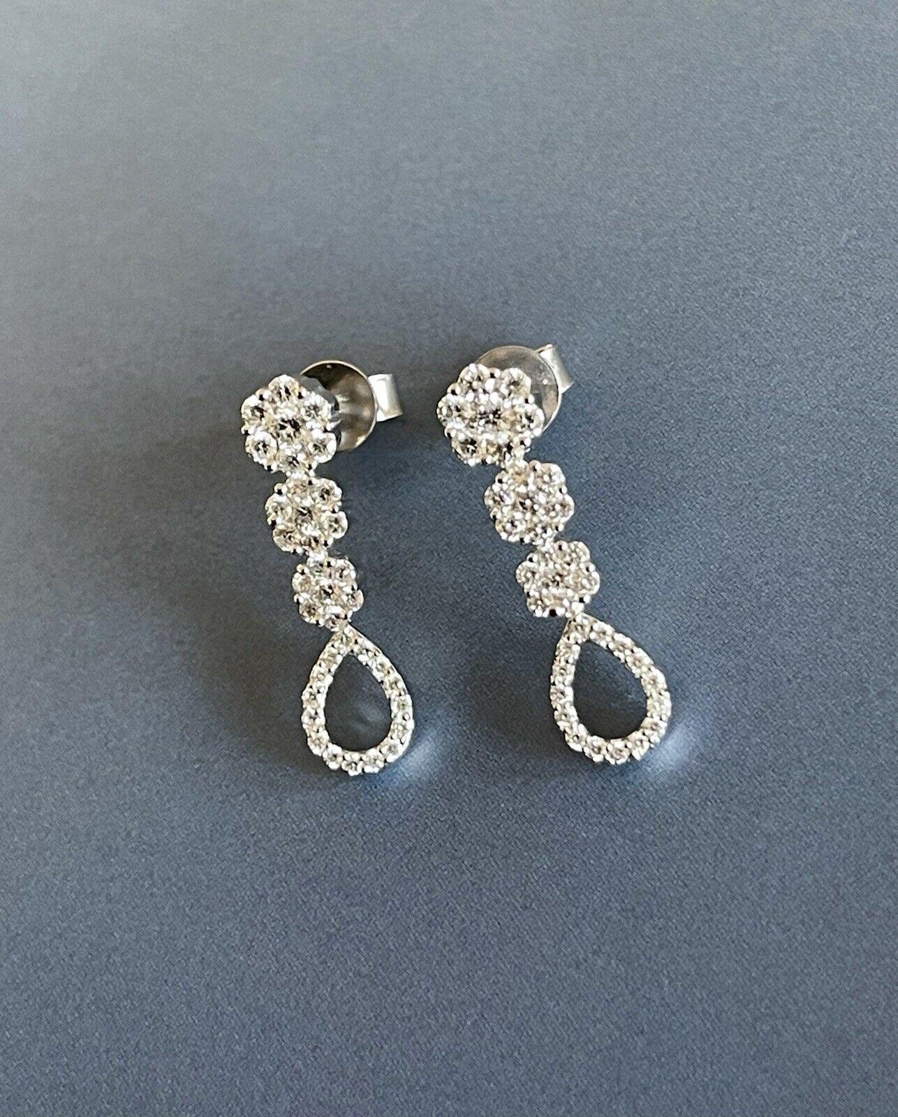 Women's 18ct White Gold Diamond Earrings 1.20ct Daisy Drop Cocktail Bridal One Carat For Sale