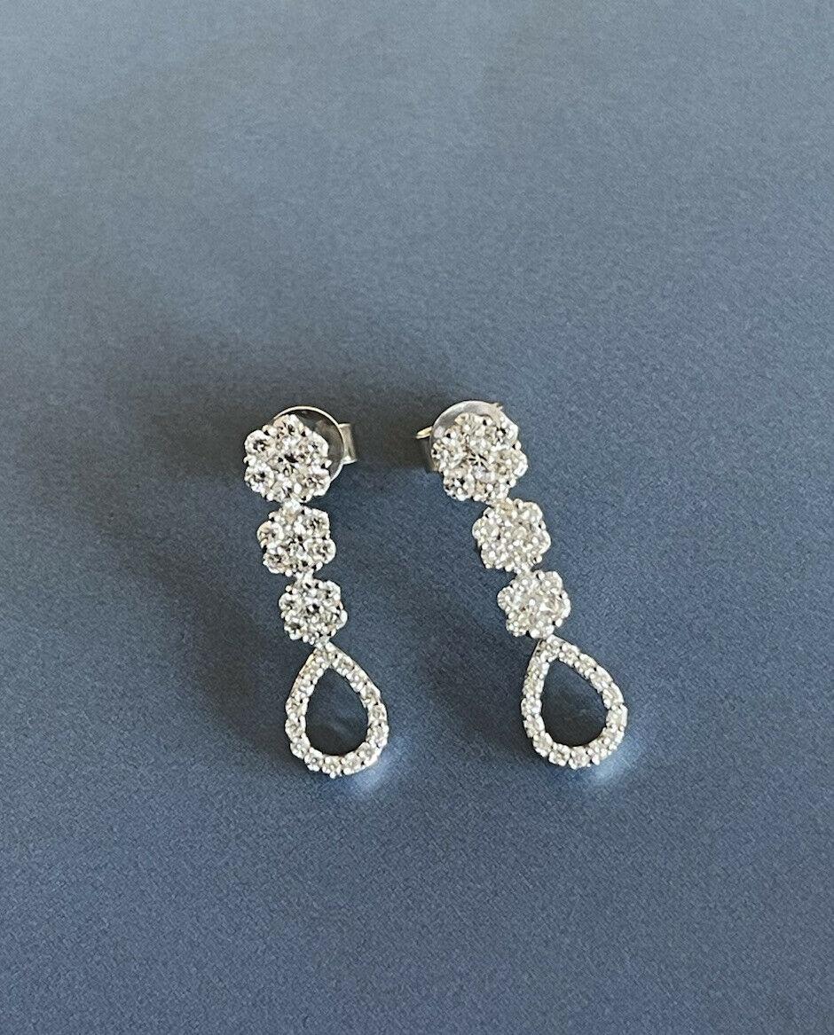 18ct White Gold Diamond Earrings 1.20ct Daisy Drop Cocktail Bridal One Carat For Sale 1
