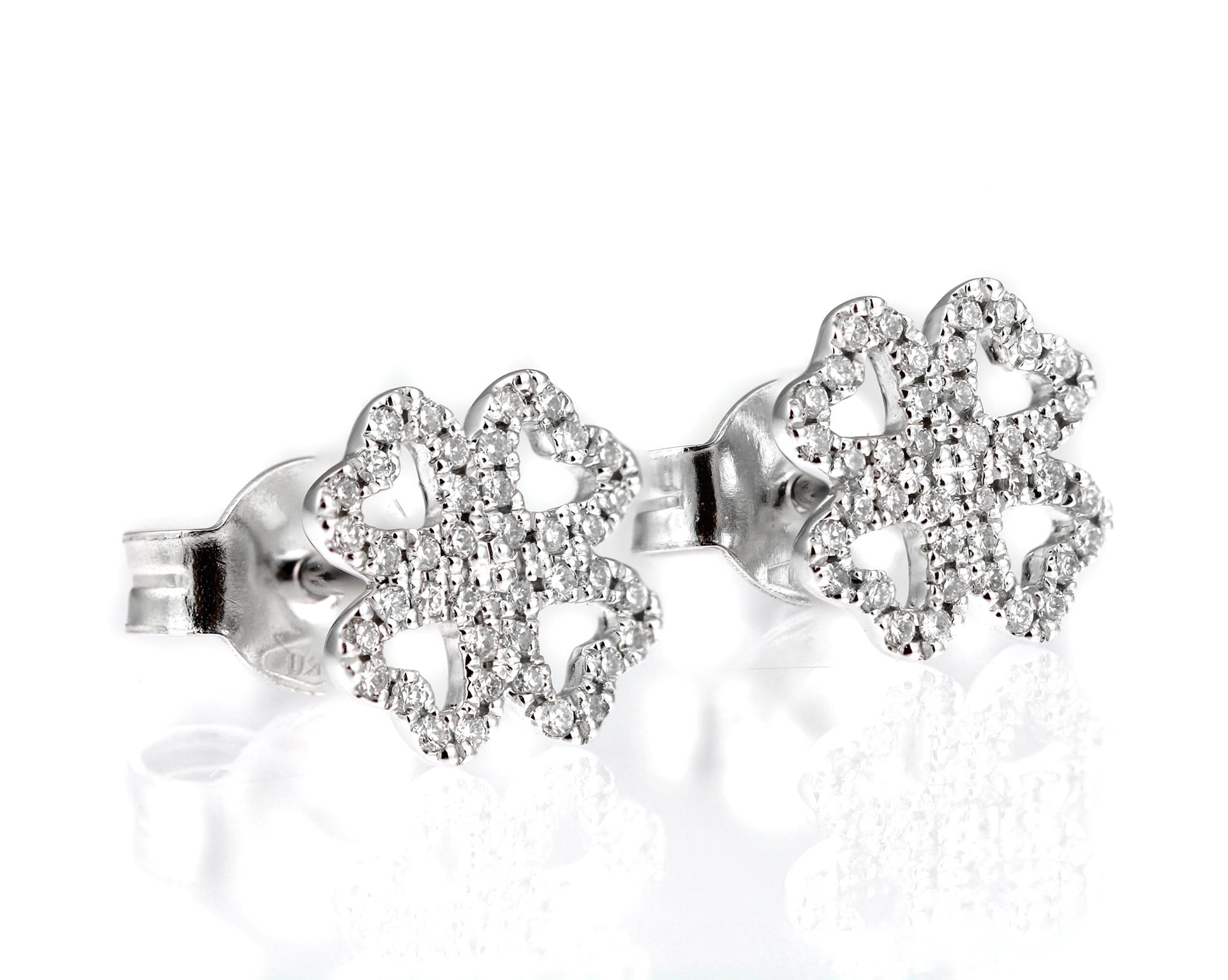 Round Cut 18ct White Gold & Diamond Four Leaf Clover Motif Contemporary Earstuds For Sale