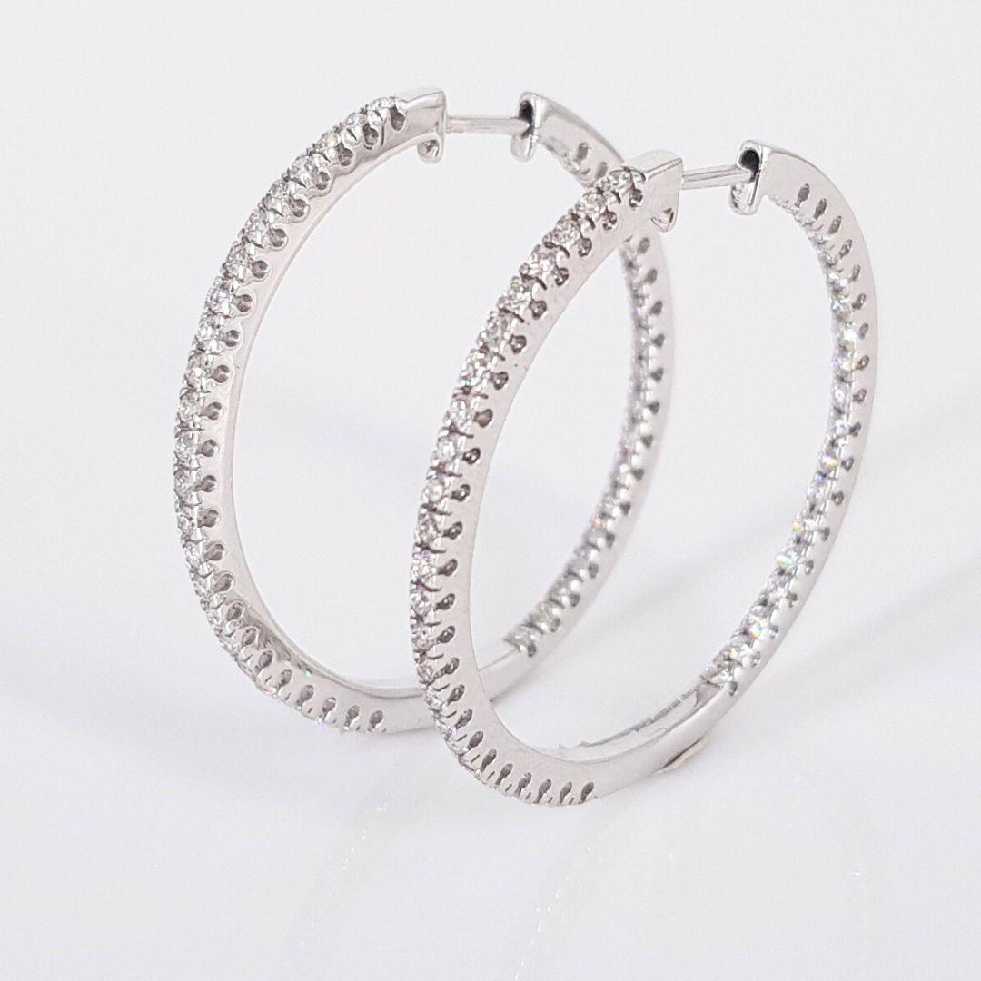 Round Cut 18ct White Gold Diamond Hoop Earrings For Sale
