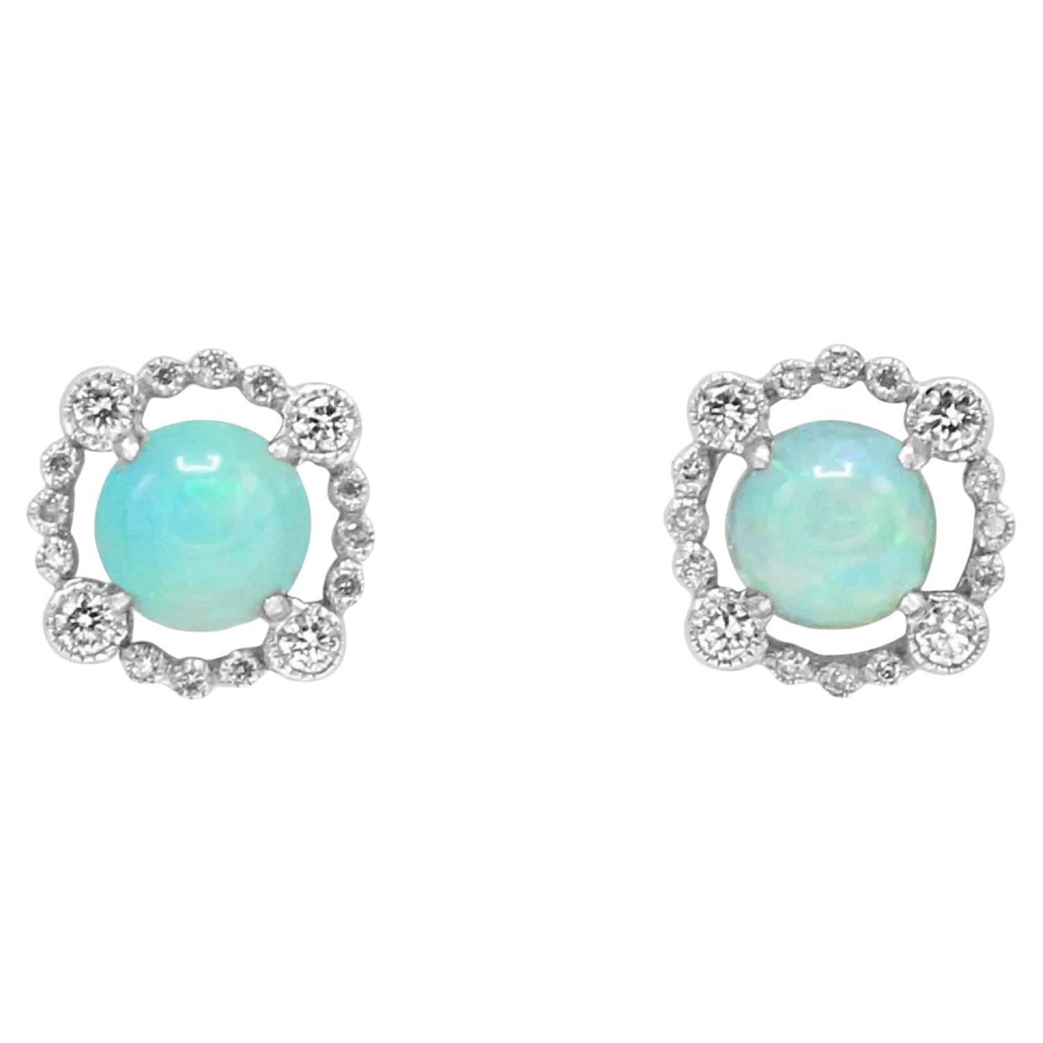 A Pair of 18ct White Gold Diamond & Opal Cluster Stud Earrings For Sale