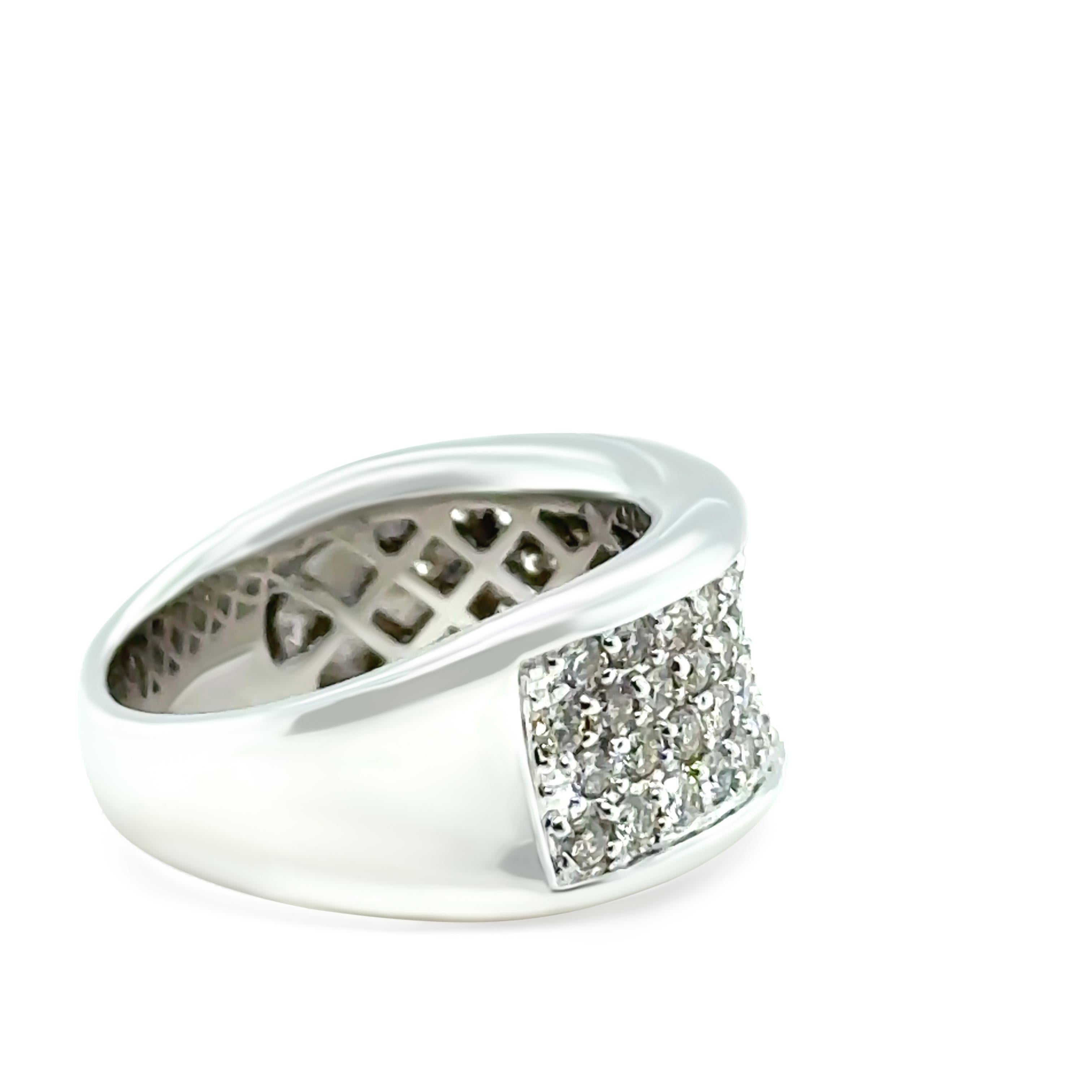 This exquisite 18ct white gold diamond ring is crafted with elegance and brilliance, featuring 58 round brilliant-cut diamonds with a total weight of 1.00ct. The diamonds are graded G colour and VS-SI clarity, offering exceptional sparkle and