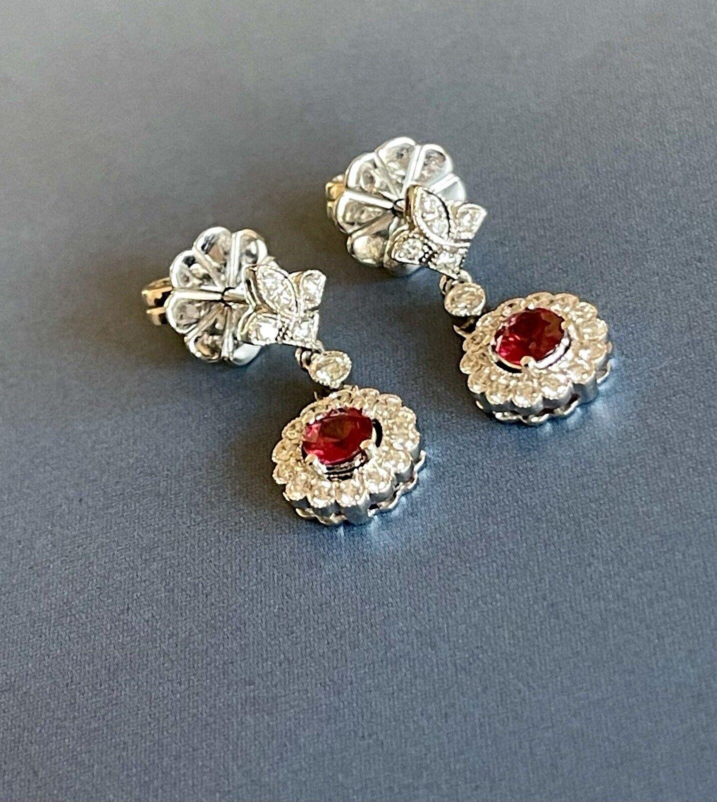 18ct White Gold Diamond Ruby Earrings Round Halo Drop Studs Milgrain In New Condition For Sale In Ilford, GB