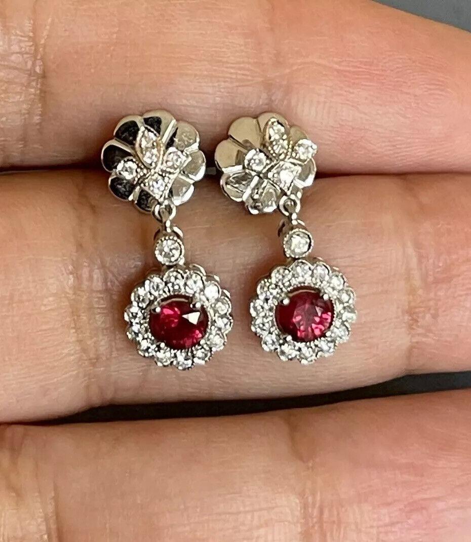 18ct White Gold Diamond Ruby Earrings Round Halo Drop Studs Milgrain For Sale 1