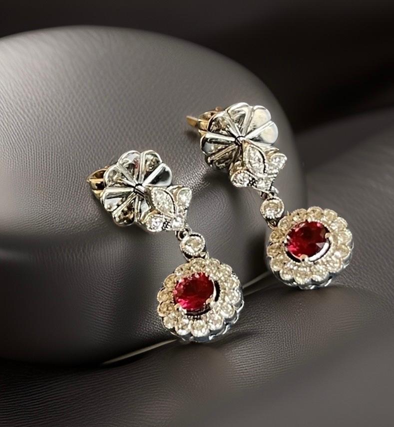 18ct White Gold Diamond Ruby Earrings Round Halo Drop Studs Milgrain For Sale 2