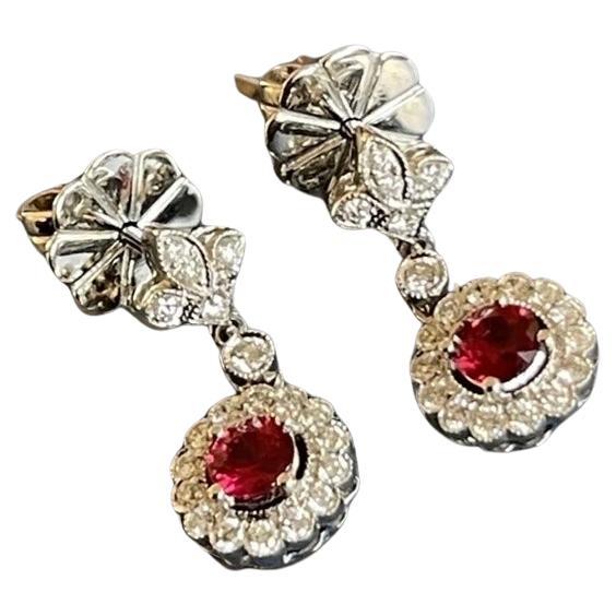 18ct White Gold Diamond Ruby Earrings Round Halo Drop Studs Milgrain For Sale