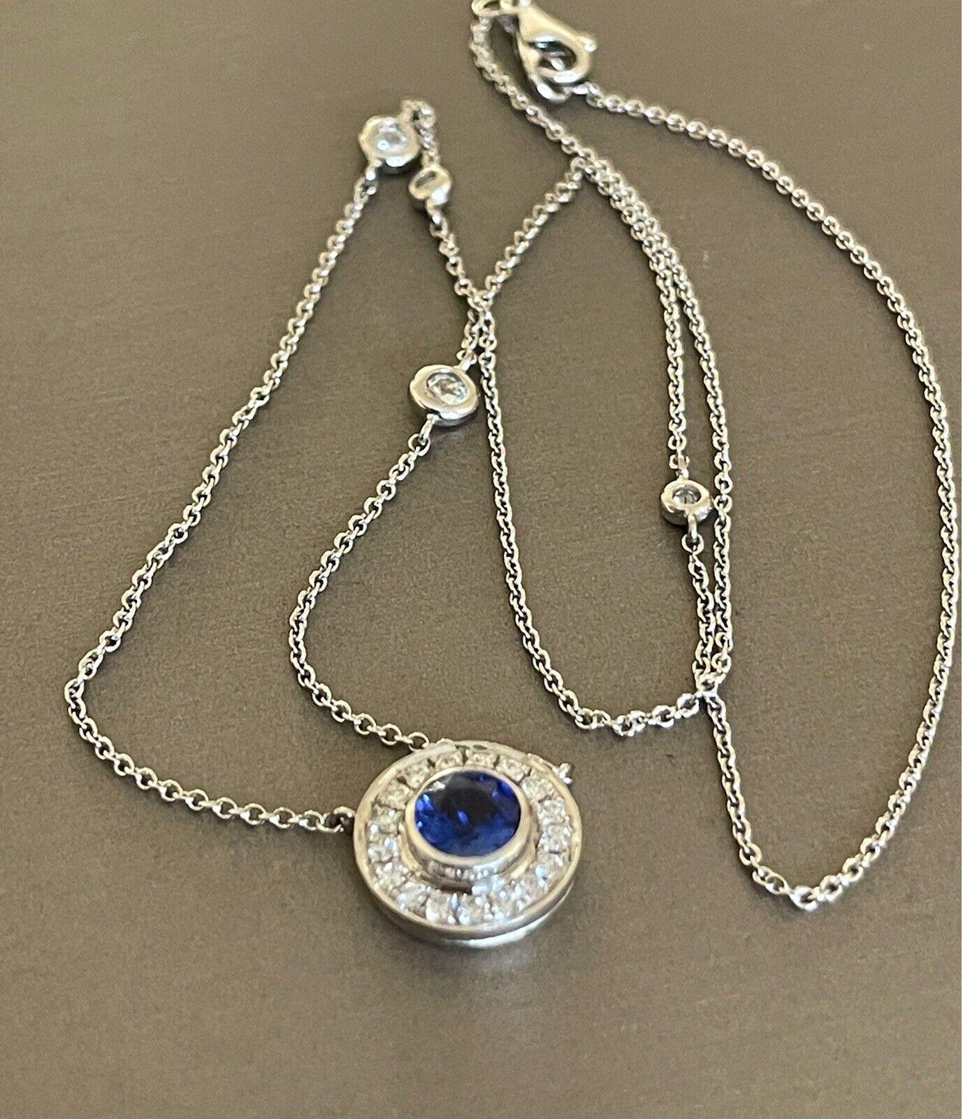 18ct White Gold Diamond Sapphire Necklace 0.70ct Round Halo Pendant By Yard 1ct In New Condition For Sale In Ilford, GB