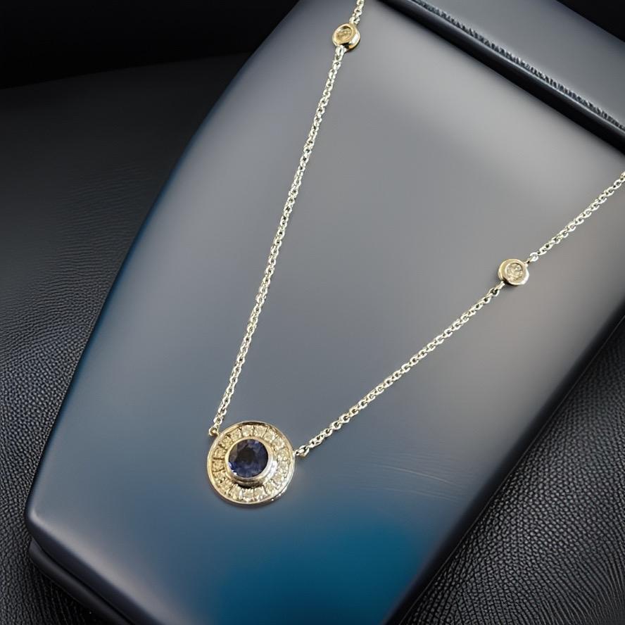18ct White Gold Diamond Sapphire Necklace 0.70ct Round Halo Pendant By Yard 1ct For Sale 3
