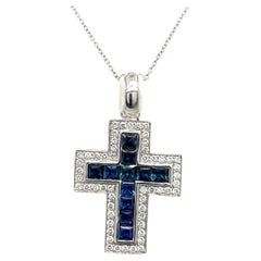 18ct White Gold Diamond 
Sapphires Cross Pendant