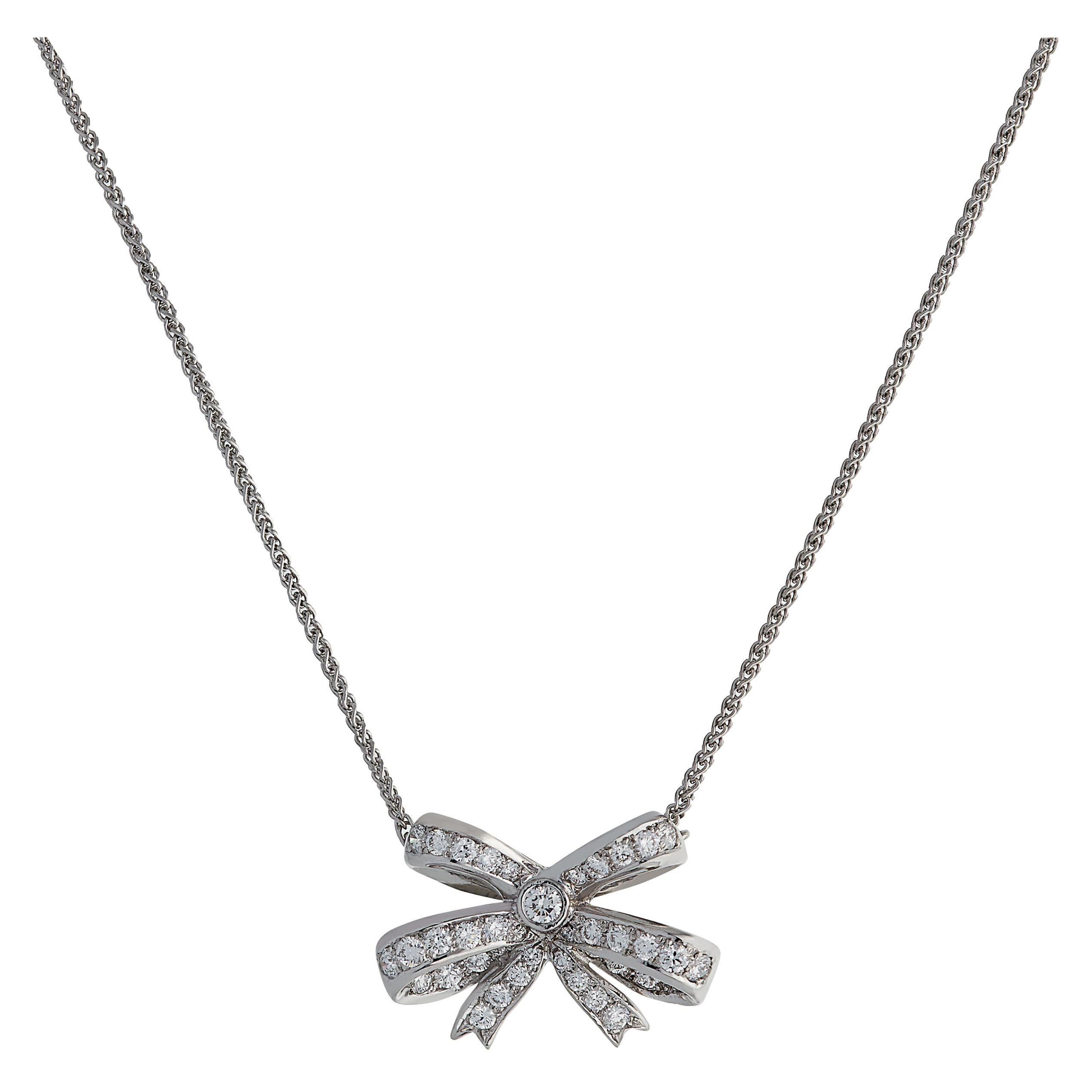 18ct White Gold Diamond-Set Bow Pendant For Sale