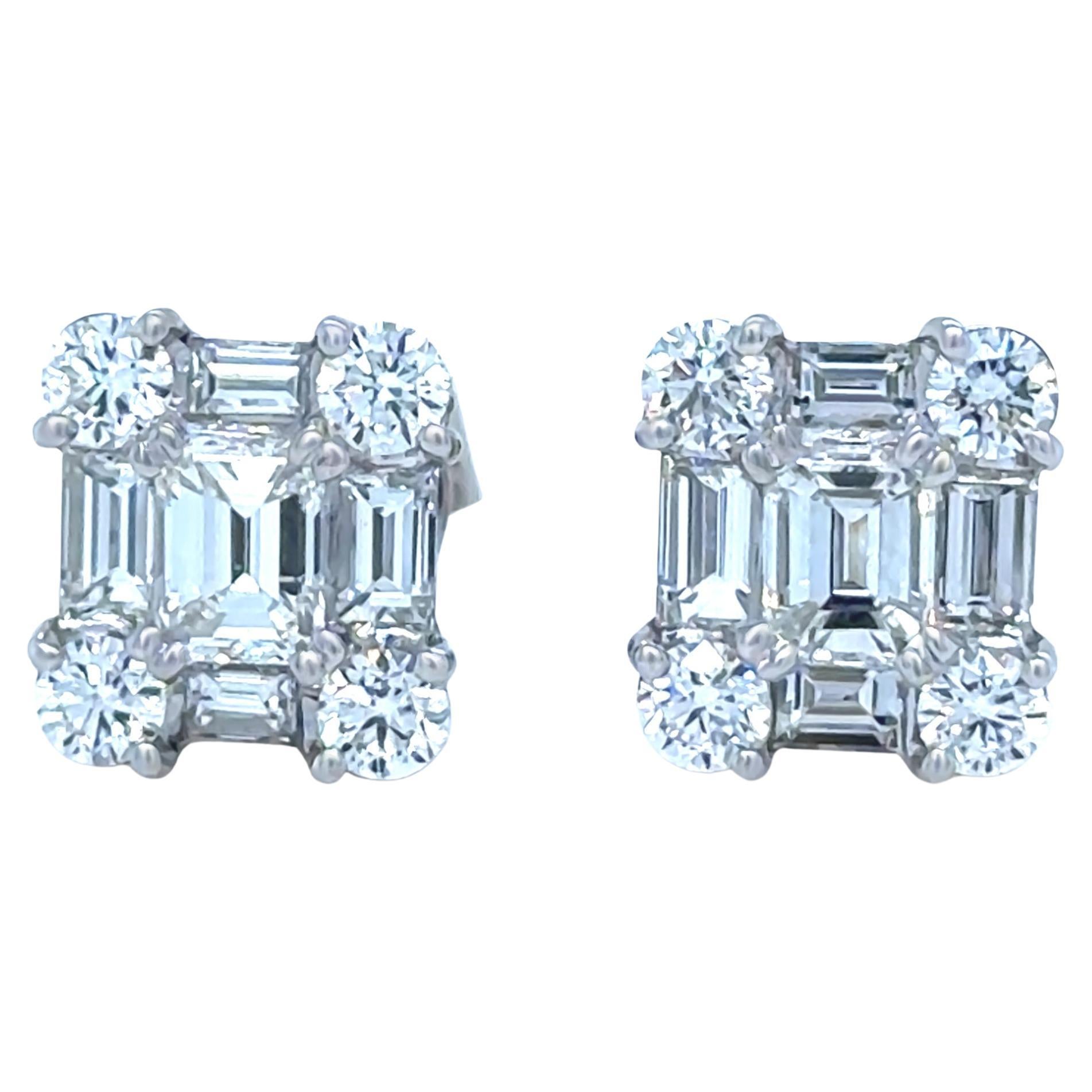 Pendientes de oro blanco de 18 ct con diamantes cuadrados en racimo 2,1 ct 4,0 g