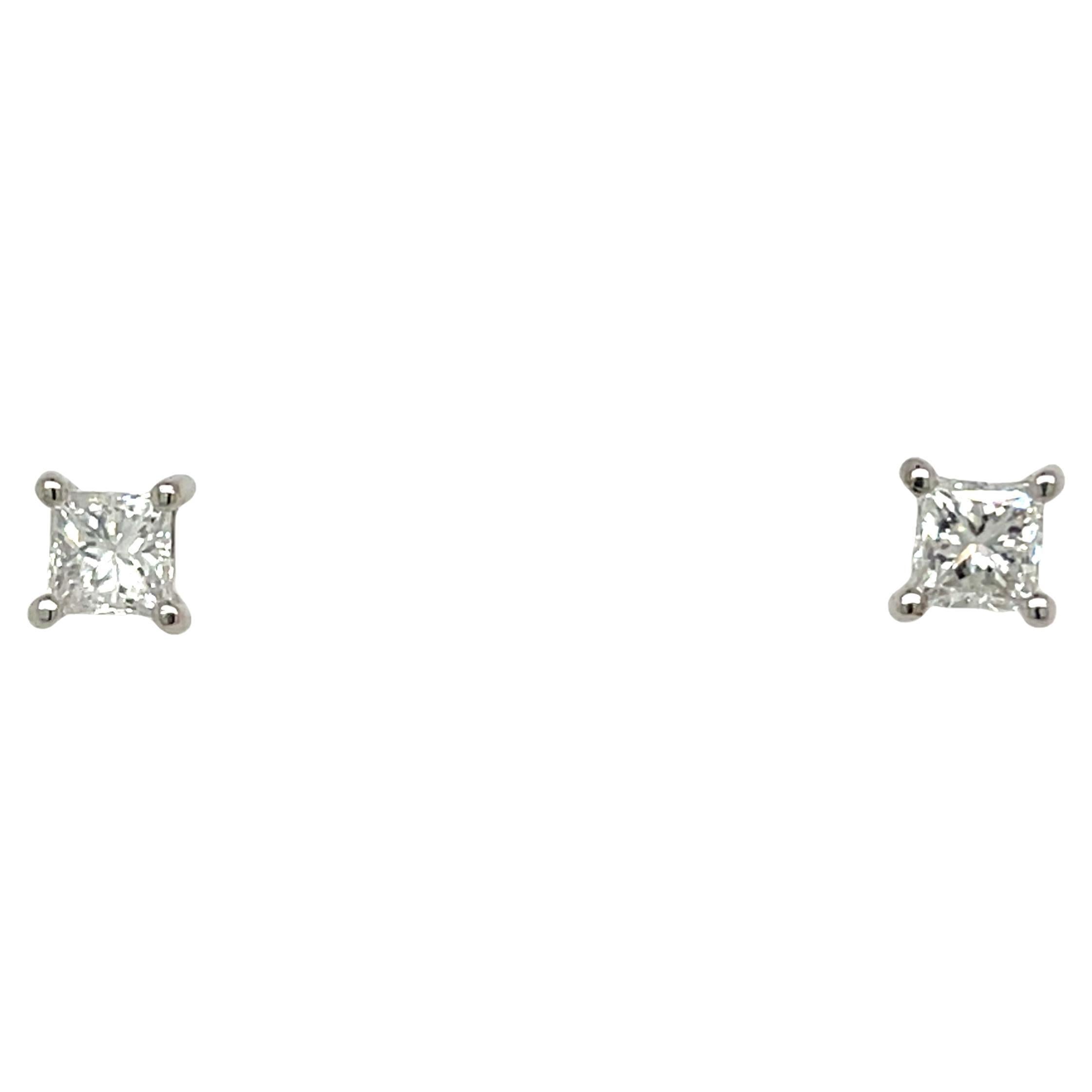 18ct White Gold Diamond Stud Earrings, 0.52ct Natural Princess Cut Diamonds For Sale
