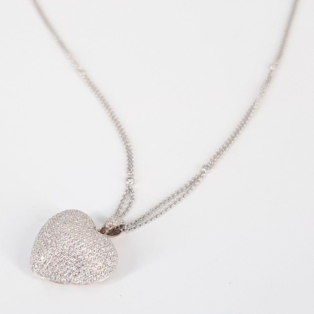 18ct white gold diamonds by the mile necklace and puff pave heart pendant In Excellent Condition For Sale In Cape Town, ZA