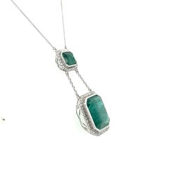 18ct White Gold Double Emerald Pendant and Diamond Necklace