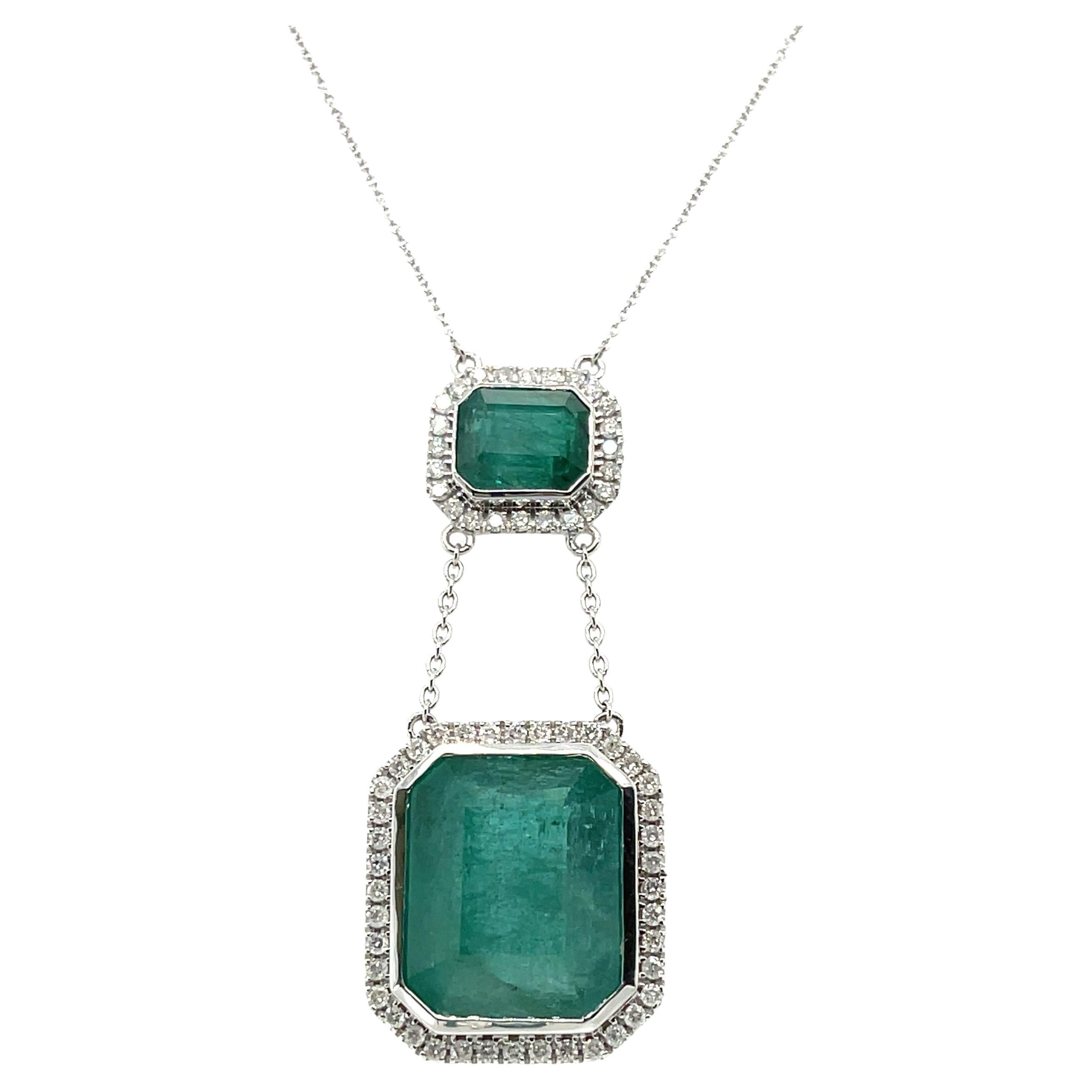 18ct White Gold Double Emerald Pendant and Diamond Necklace For Sale