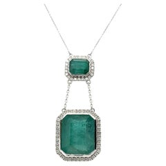 18ct White Gold Double Emerald Pendant and Diamond Necklace