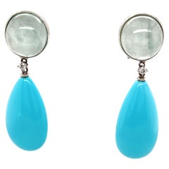 18ct White Gold Drop Earrings Set With Turquoise , Diamond 
Agate Grey Gemstone