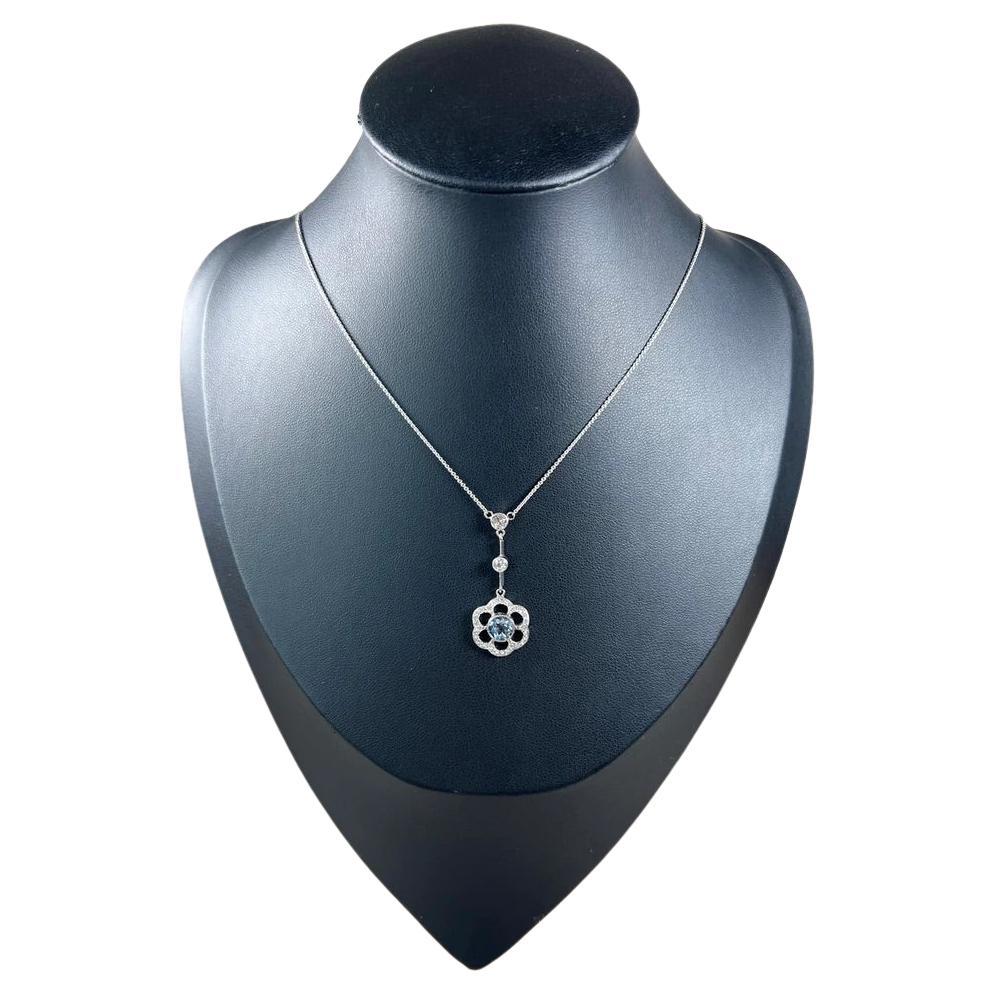 Collar Colgante Flor Articulada Diamante Aguamarina Edwardian Oro Blanco 18ct