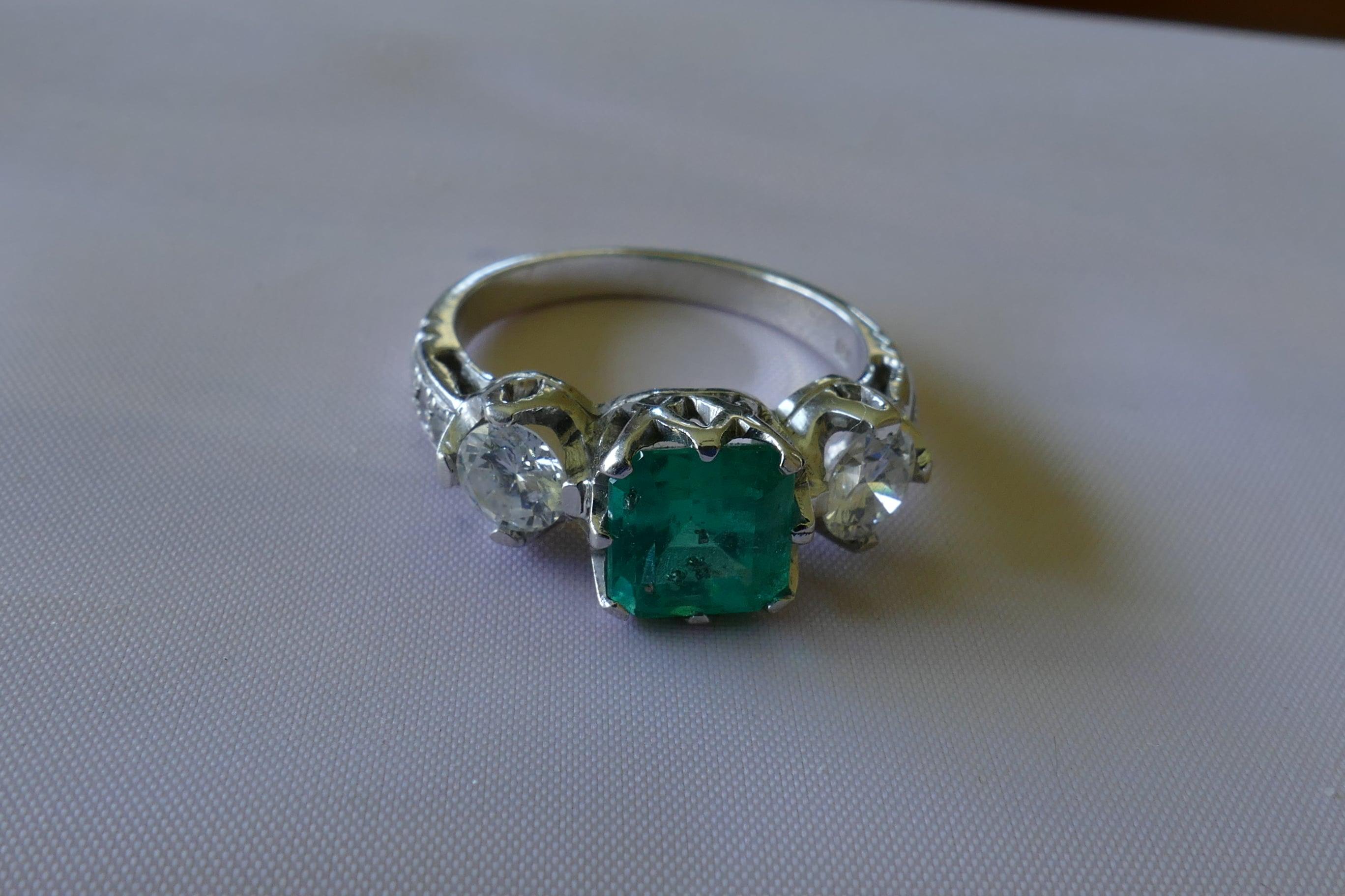 Victorian 18 Carat White Gold Emerald and Diamond 3-Stone Ring