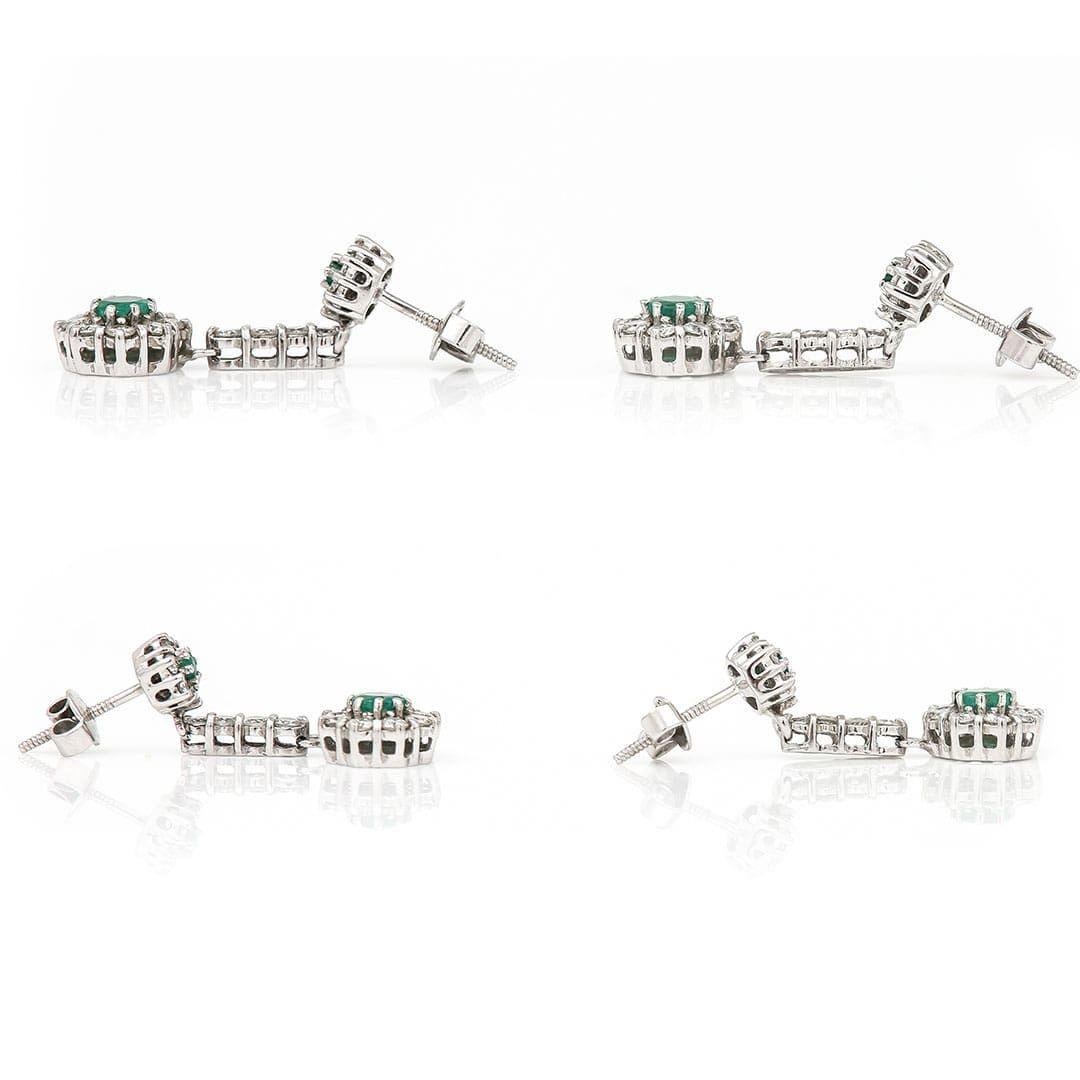 Contemporary 18ct White Gold Emerald and Diamond Drop Earrings For Sale