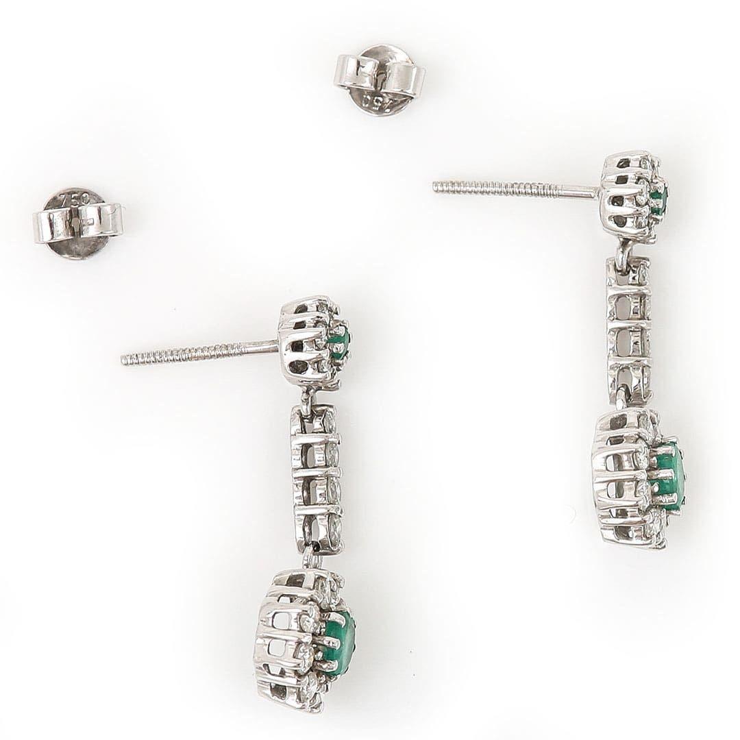 Brilliant Cut 18ct White Gold Emerald and Diamond Drop Earrings For Sale