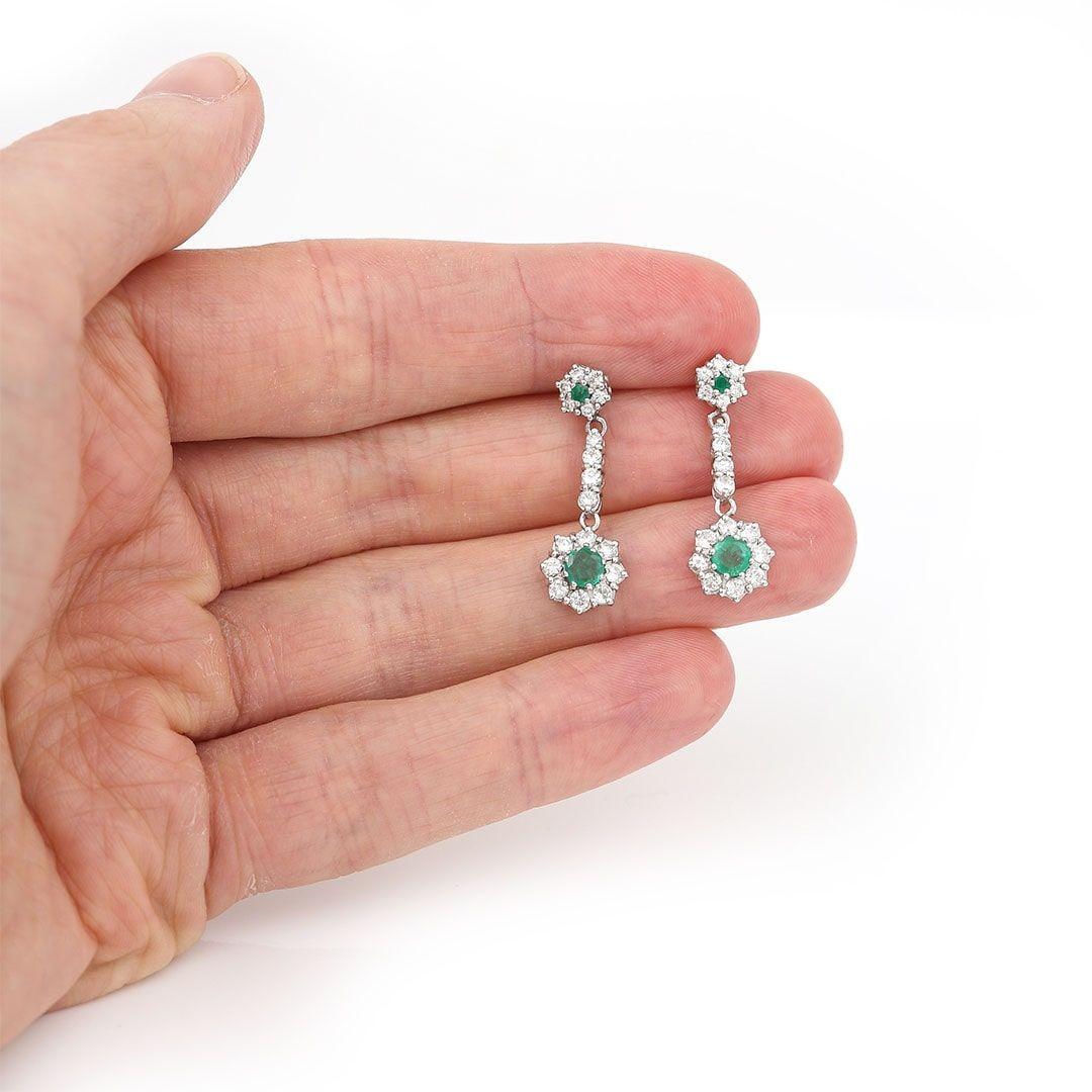 Women's 18ct White Gold Emerald and Diamond Drop Earrings For Sale
