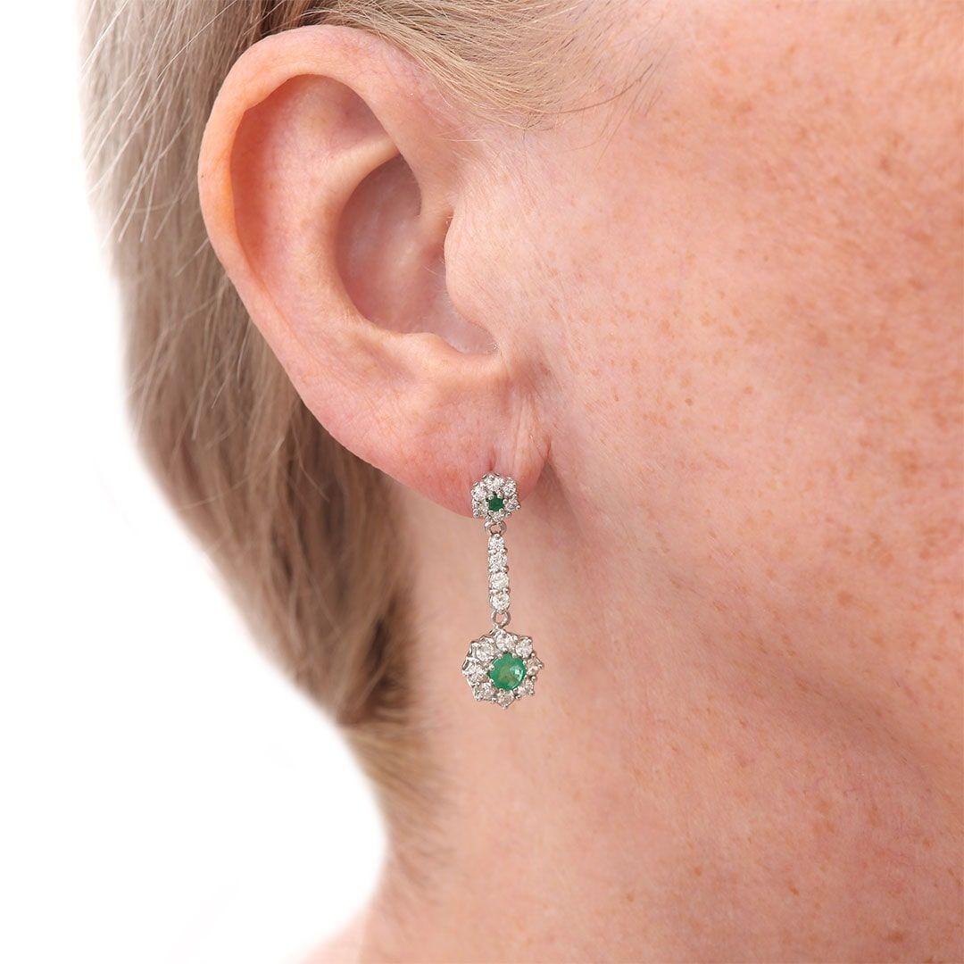 18ct White Gold Emerald and Diamond Drop Earrings For Sale 2