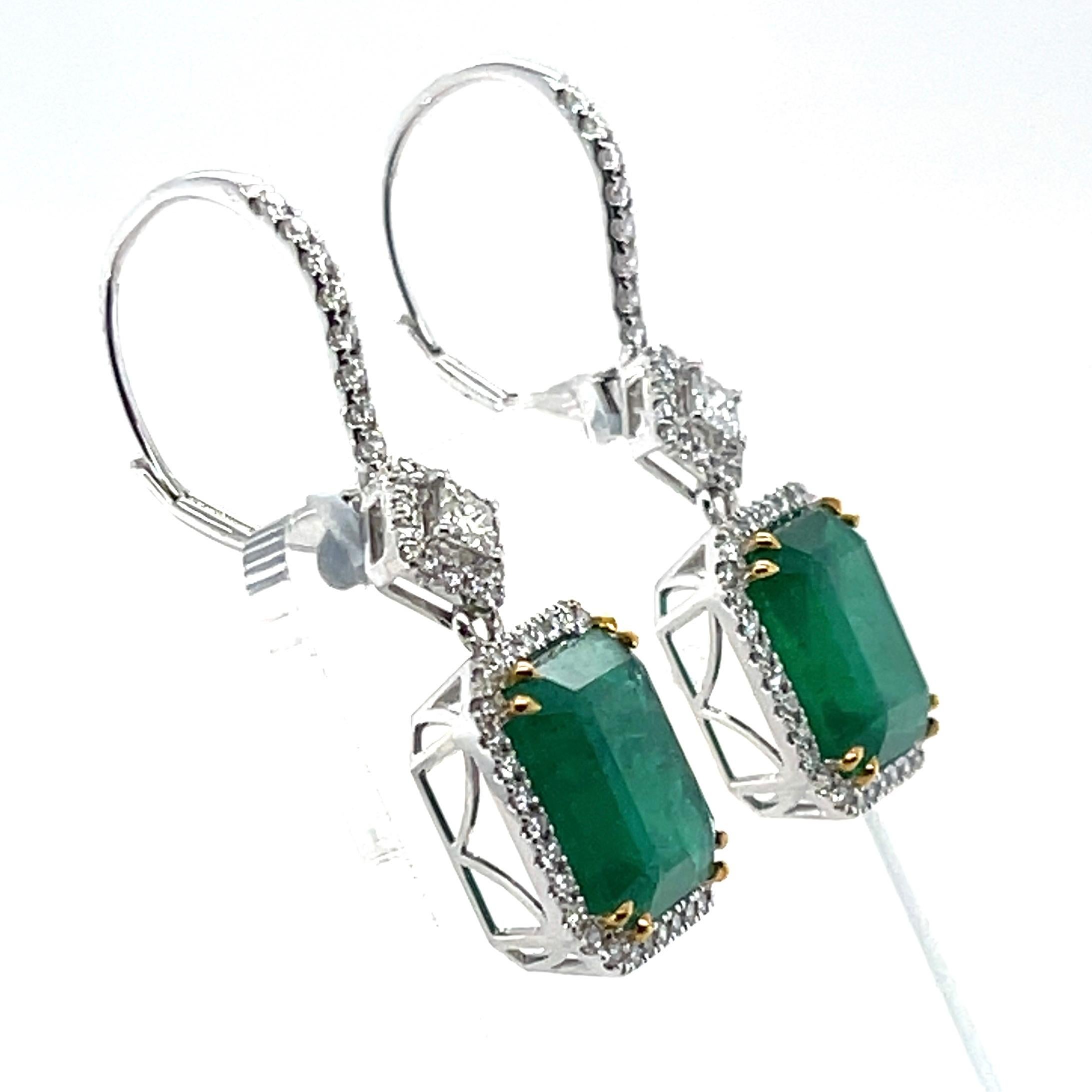 Contemporary 18CT White Gold Emerald and Diamond Earrings For Sale