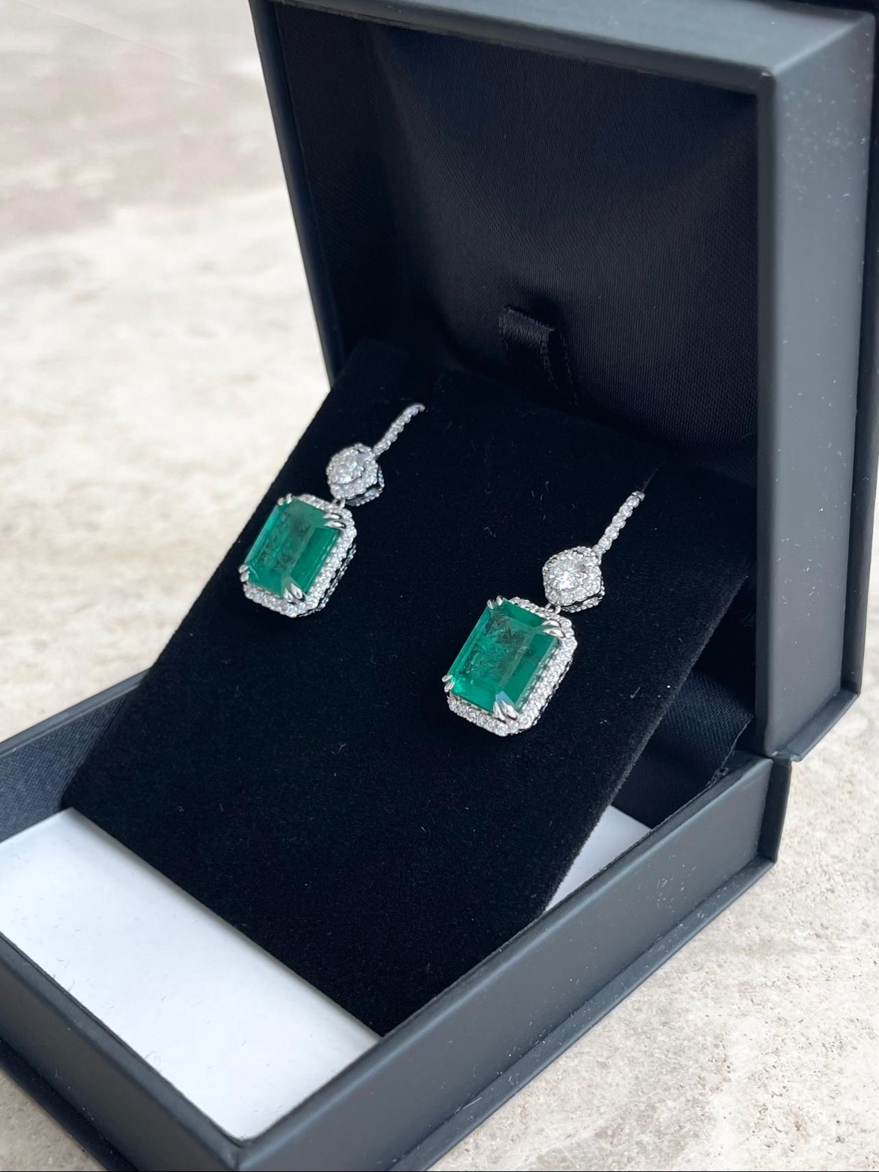 Women's 18ct White Gold Emerald and Diamond Earrings For Sale