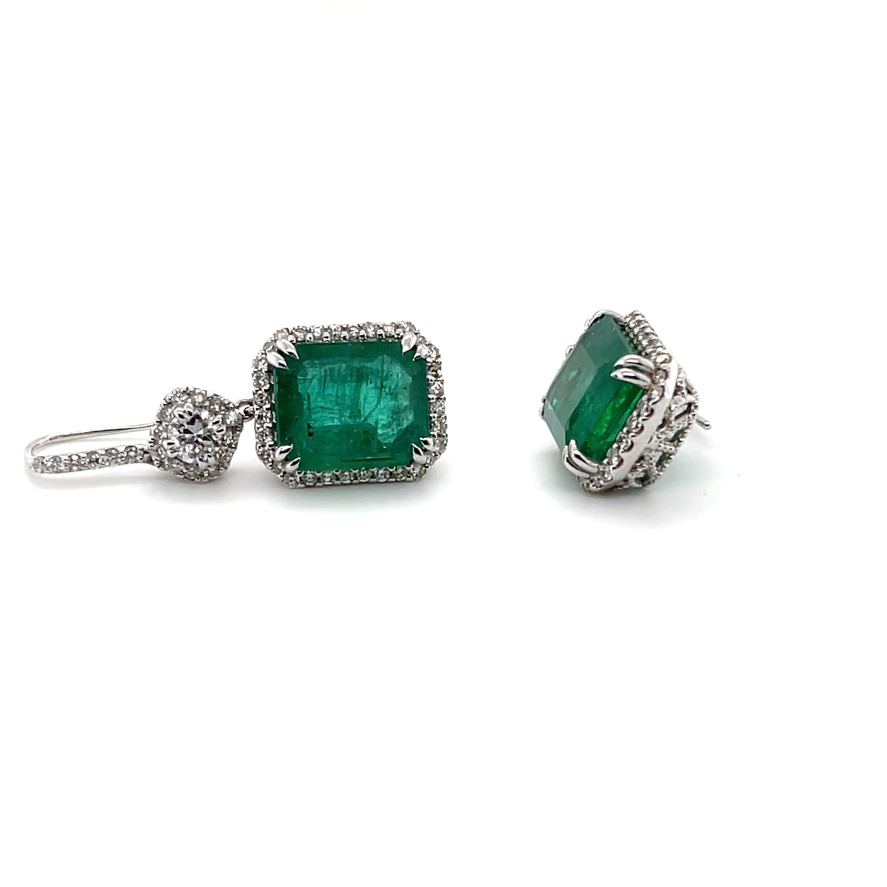 Contemporary 18ct White Gold Emerald and Diamond Earrings For Sale