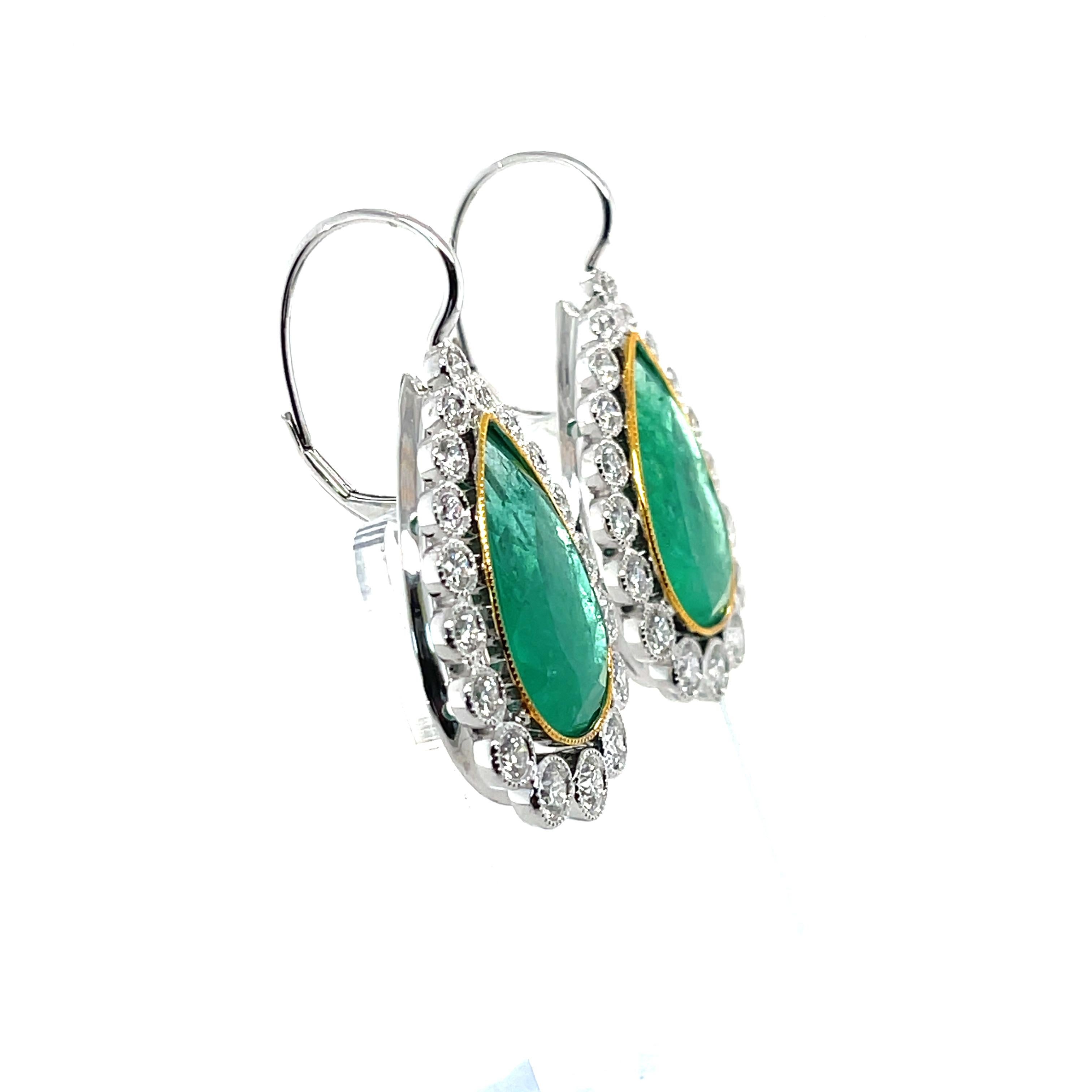 Pear Cut 18CT White Gold Emerald and Diamond Earrings For Sale