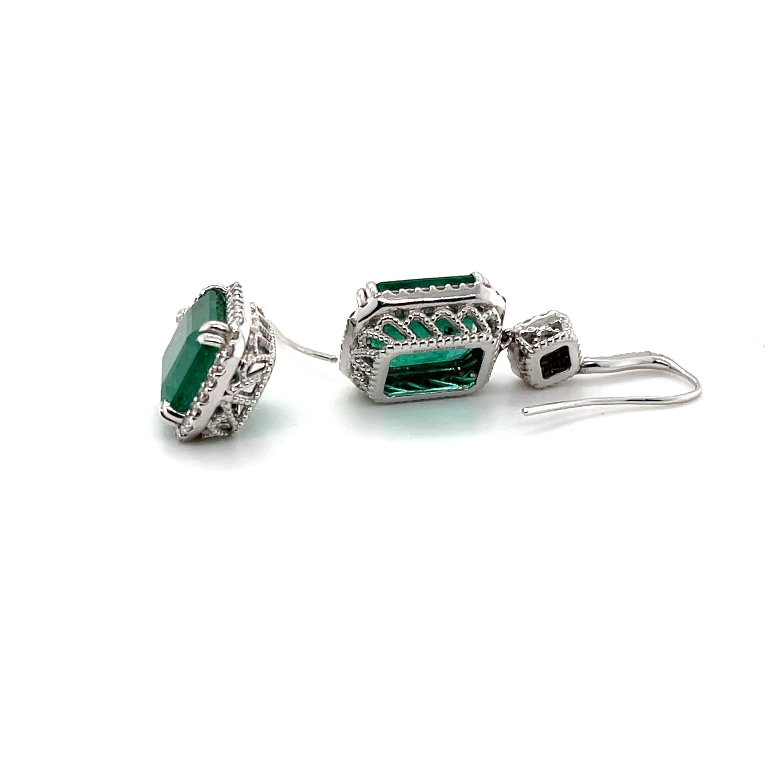 Emerald Cut 18ct White Gold Emerald and Diamond Earrings For Sale