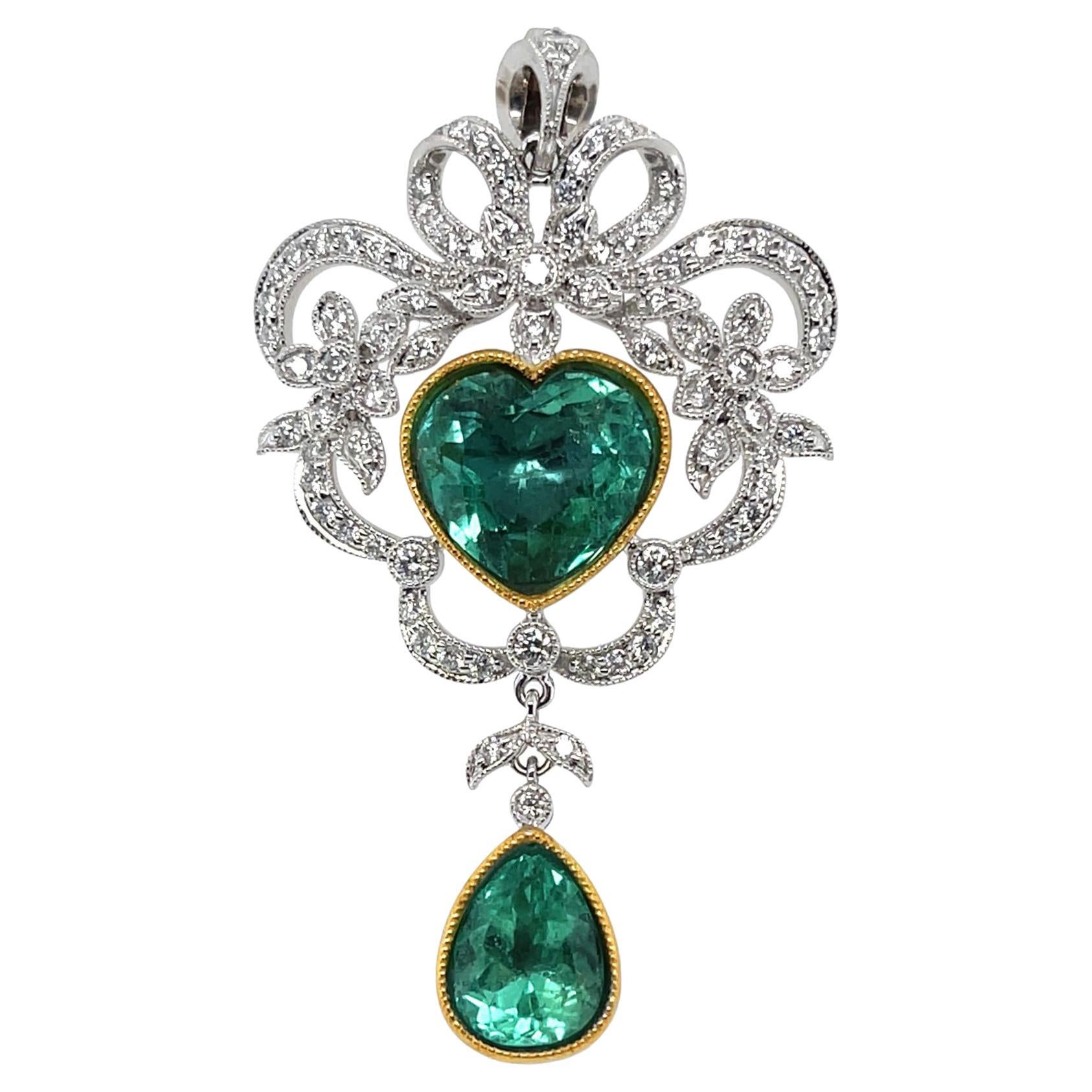 18CT White Gold Emerald and Diamond Pendant For Sale