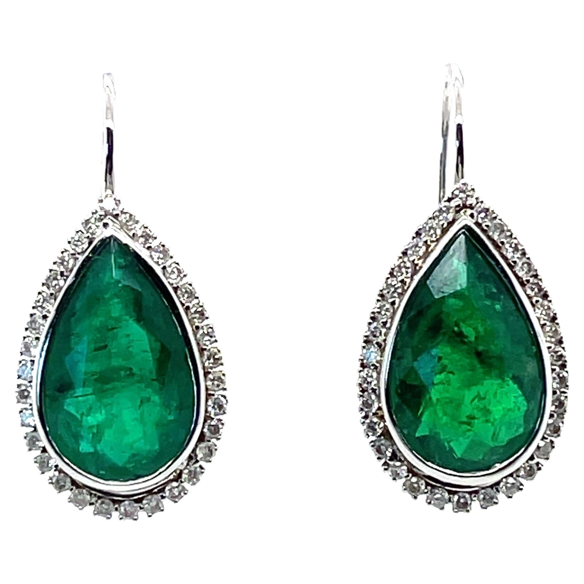 18ct White Gold Emerald and Diamond Tear Drop Earrings For Sale