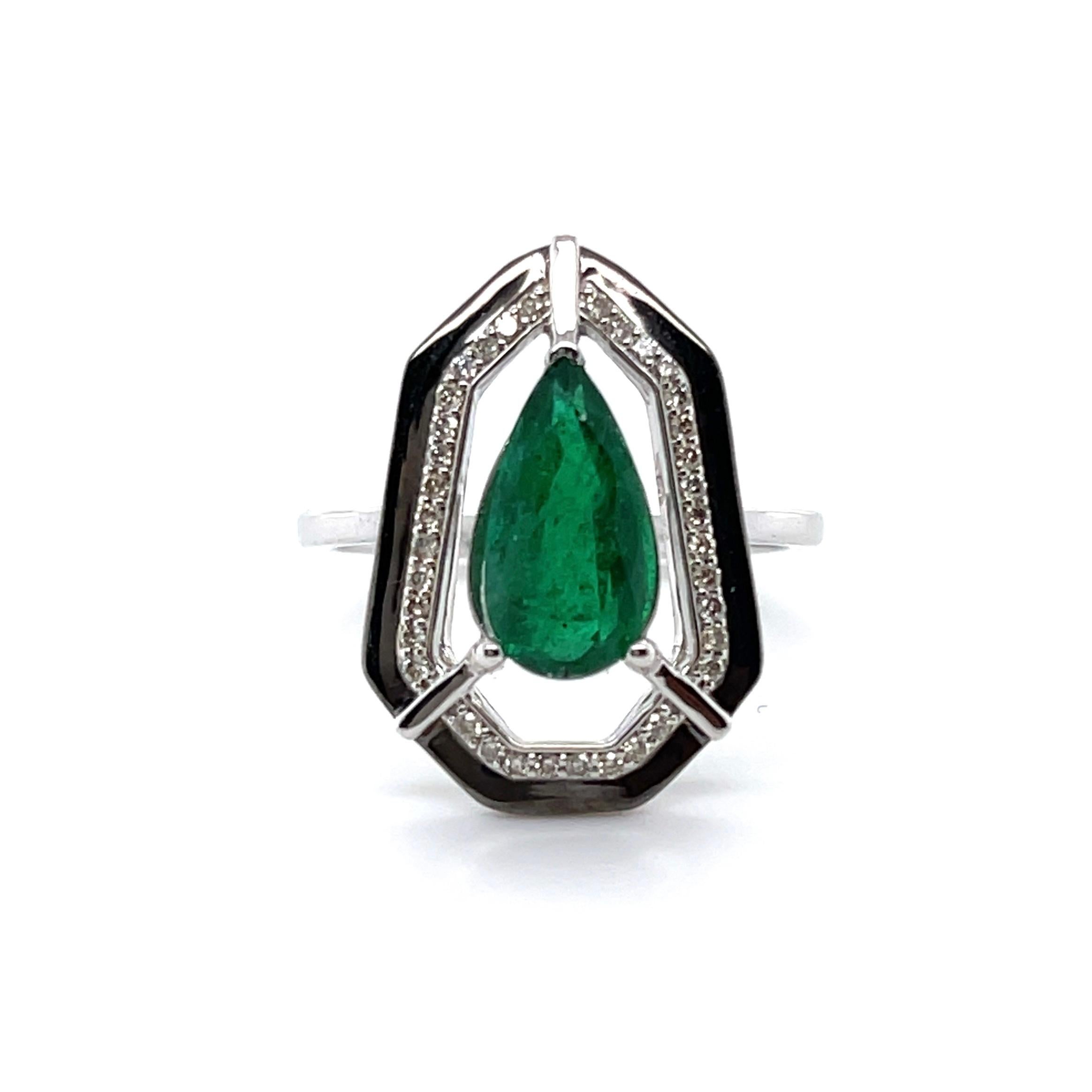 For Sale:  18ct White Gold Emerald Diamond and Onyx Dress Ring