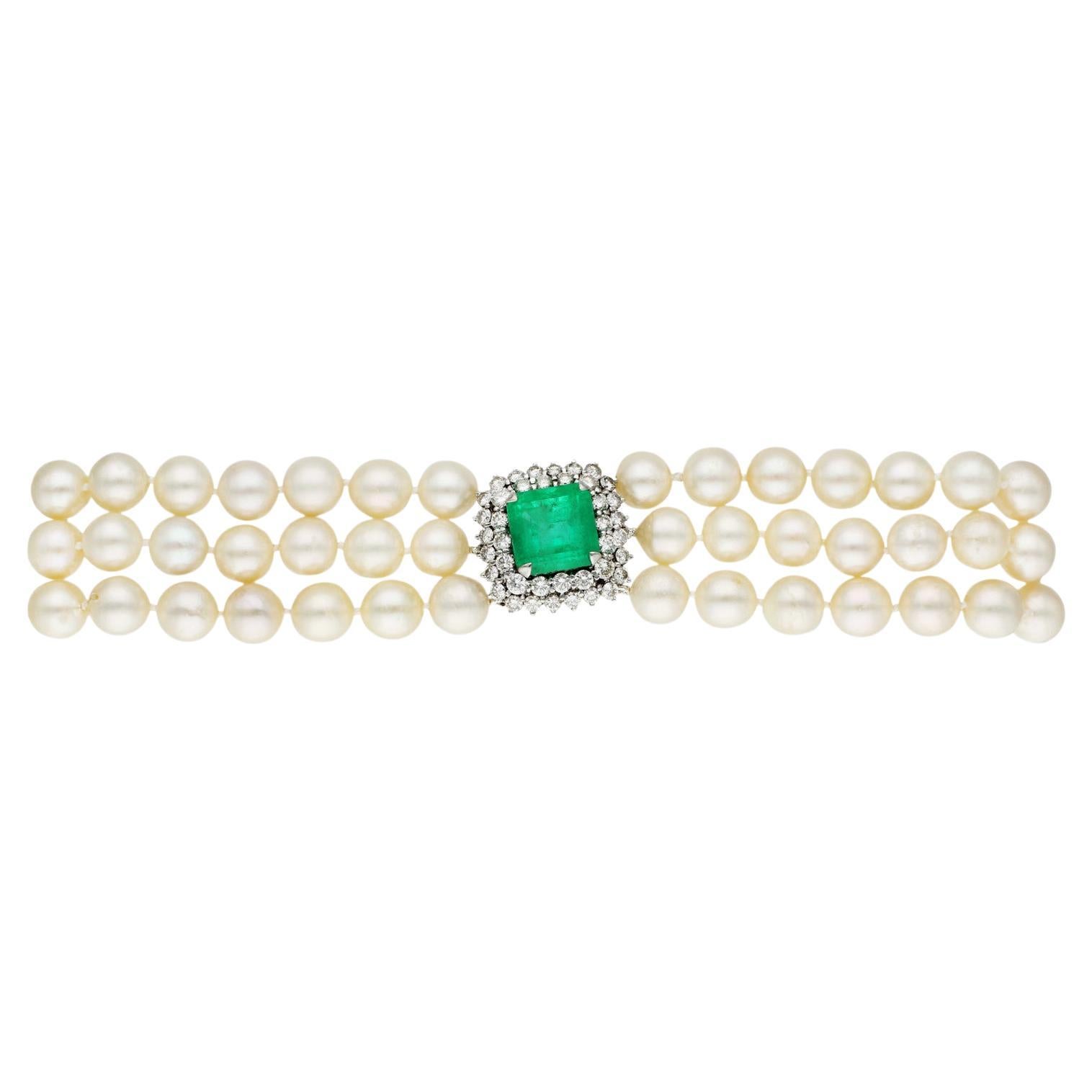 18ct White Gold Emerald, Diamond & Cultured Pearl Triple Strand Choker Necklace For Sale