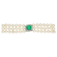 18ct White Gold Emerald, Diamond & Cultured Pearl Triple Strand Choker Necklace