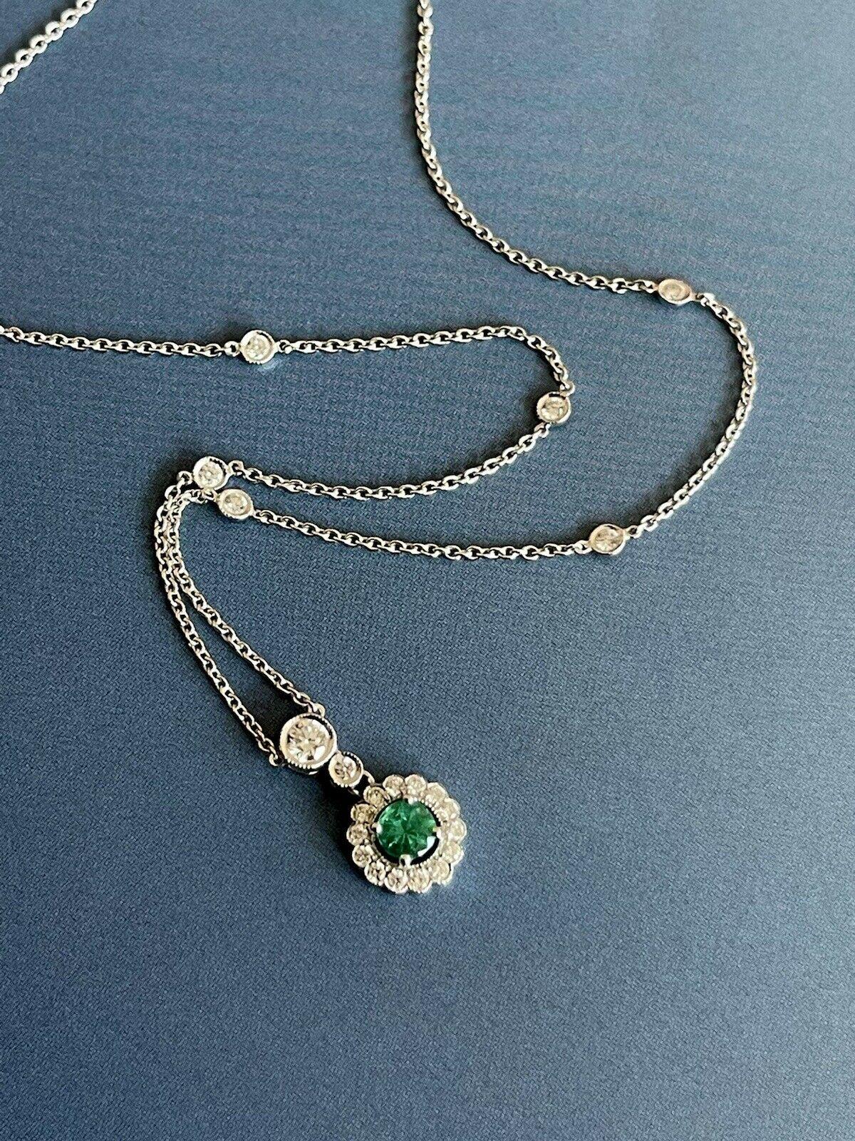 18ct White gold Emerald Diamond Necklace 1ct Round Pendant By The Yard One Carat In New Condition For Sale In Ilford, GB