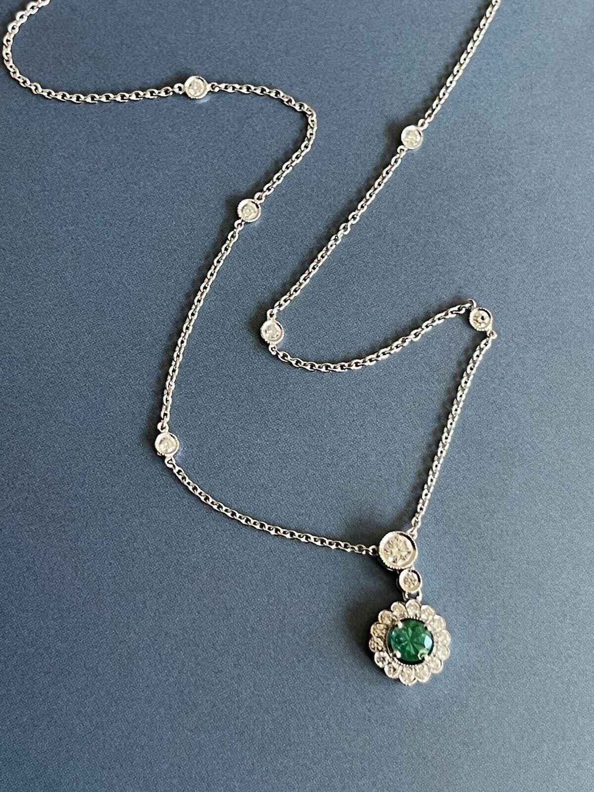 Women's or Men's 18ct White gold Emerald Diamond Necklace 1ct Round Pendant By The Yard One Carat For Sale