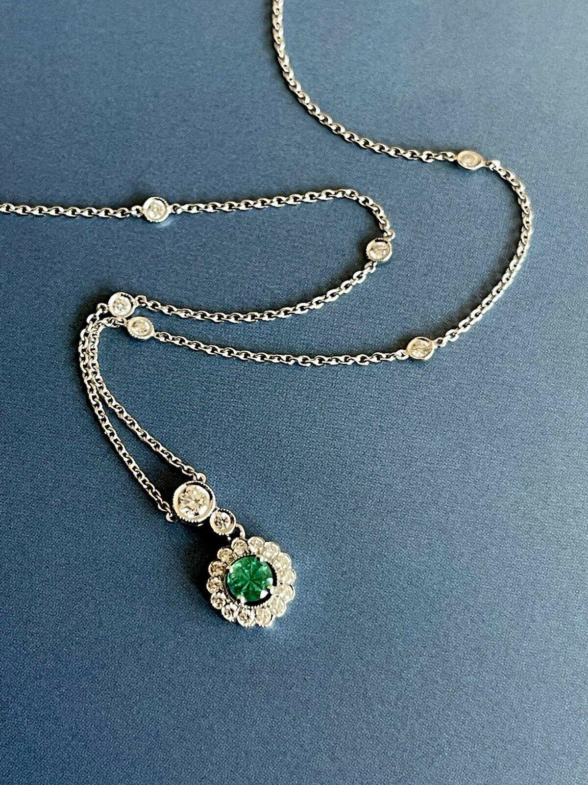 18ct White gold Emerald Diamond Necklace 1ct Round Pendant By The Yard One Carat For Sale 3