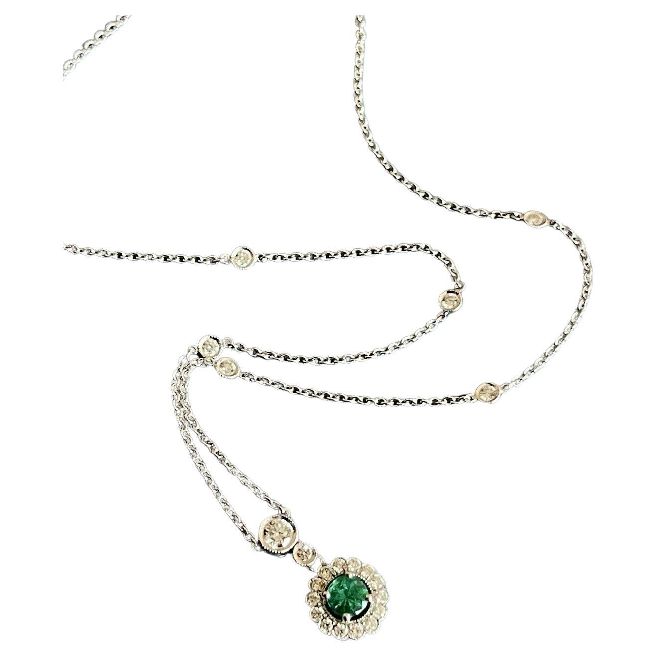 18ct White gold Emerald Diamond Necklace 1ct Round Pendant By The Yard One Carat