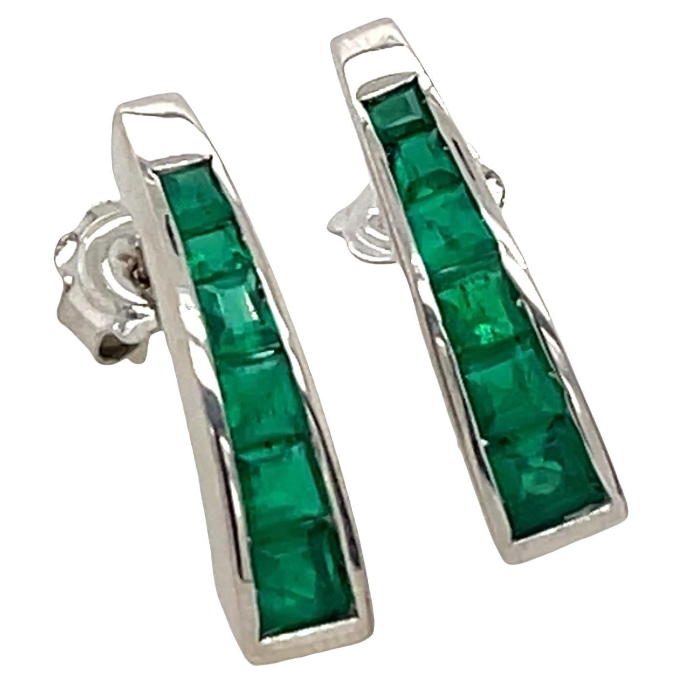 18ct White Gold Emerald Earrings Set with 12 Square Natural Emeralds