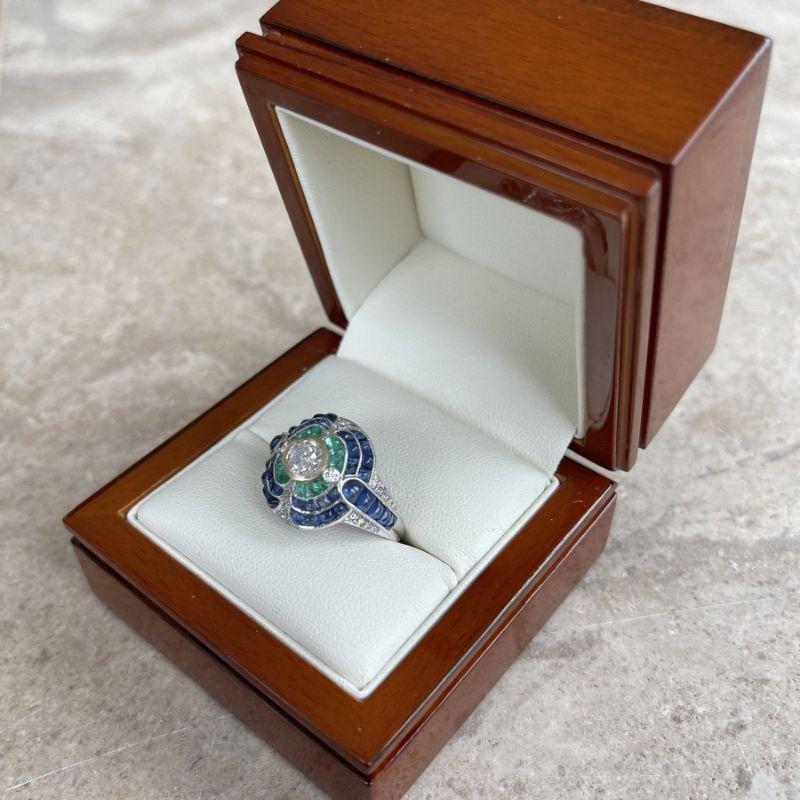 For Sale:  18ct White Gold Emerald Sapphire and Diamond Cocktail Ring 10