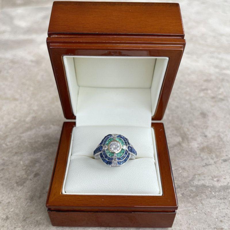 For Sale:  18ct White Gold Emerald Sapphire and Diamond Cocktail Ring 11