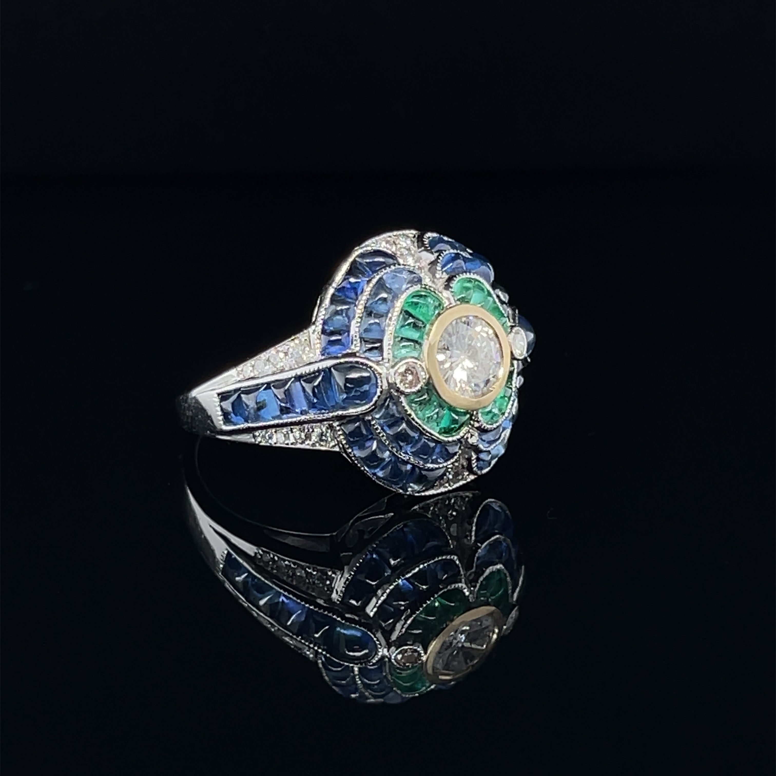 For Sale:  18ct White Gold Emerald Sapphire and Diamond Cocktail Ring 7