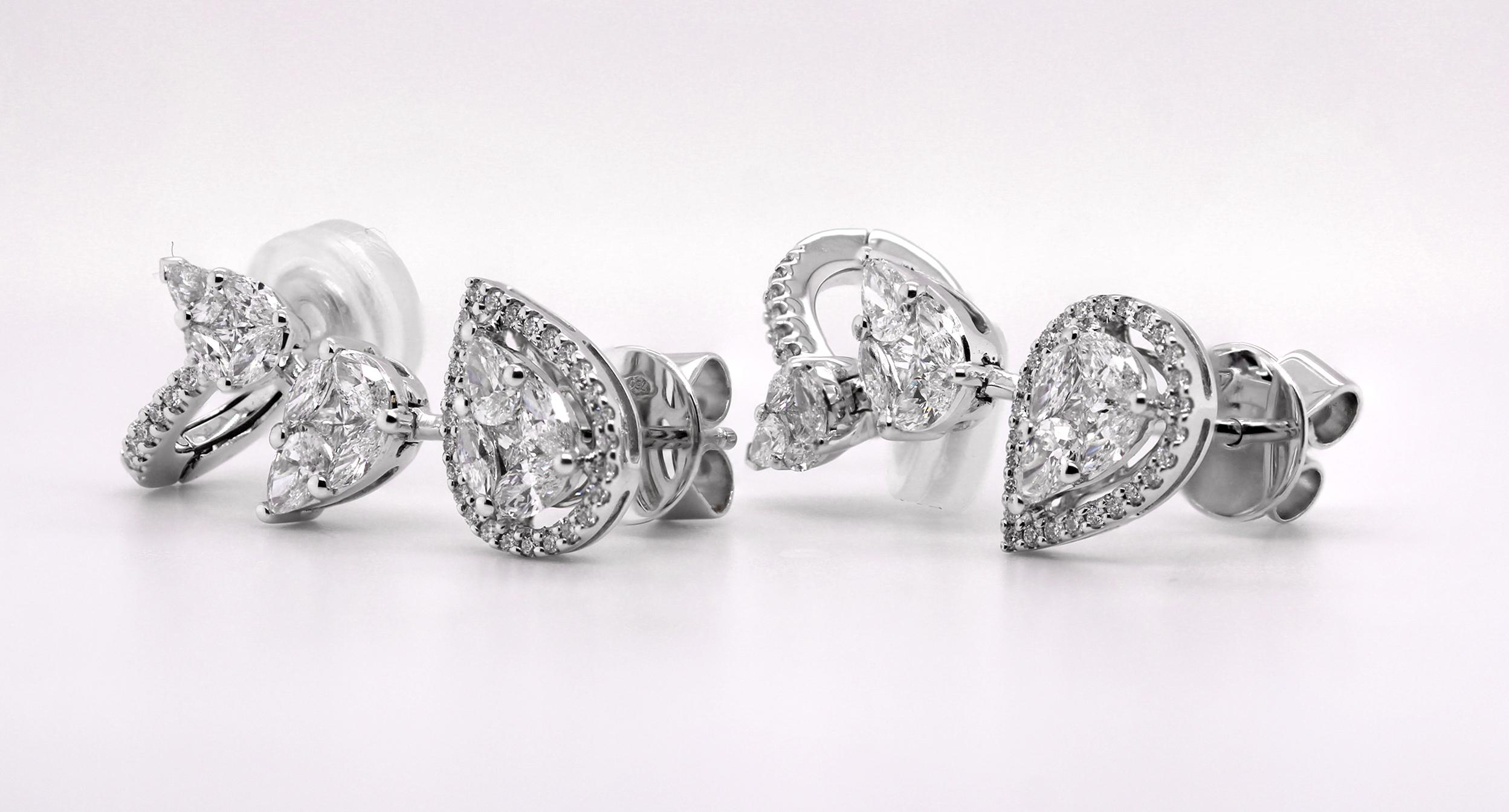 Pear Cut 18ct White Gold Fancy Cut Pear & Brilliant Diamond Statement Earrings For Sale